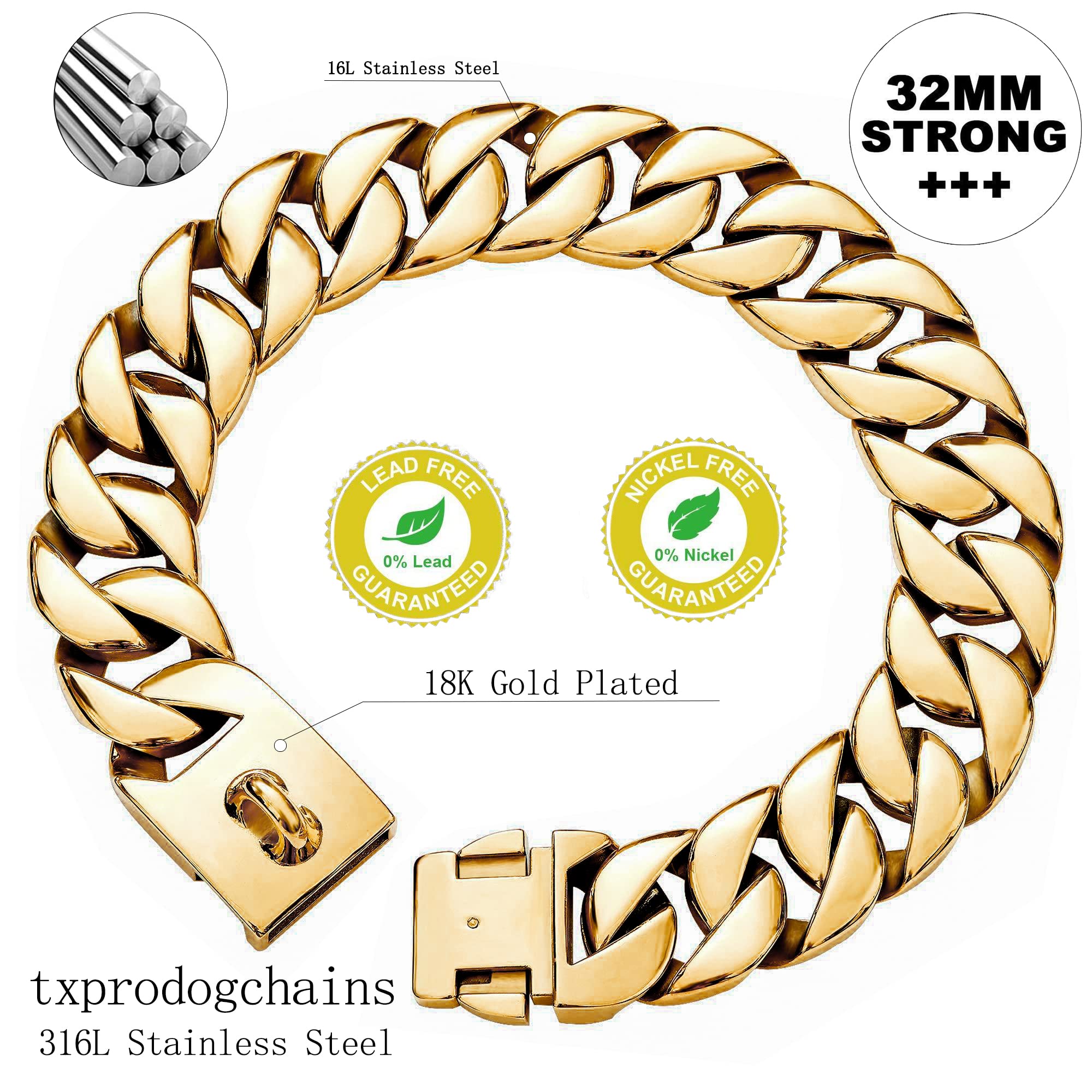 32MM Thick Heavy Duty Stainless Steel Cuban Link Dog Collar with Buckle - Gold Plated Large Dog Chain Collar for Big Dogs | Durable Pet Training Collar for Walking, Protection & Fashion