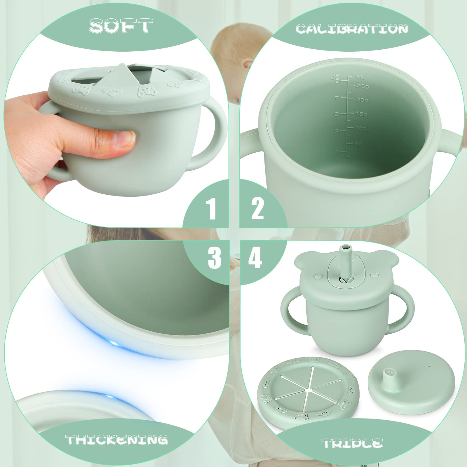 3 in 1 Silicone Baby Straw Cups with Two Handles - Leak Proof Sippy Cup & Snack Container for Toddlers - BPA Free Training Cup for Infants - Perfect for Travel, Daycare & Learning to Drink Independently