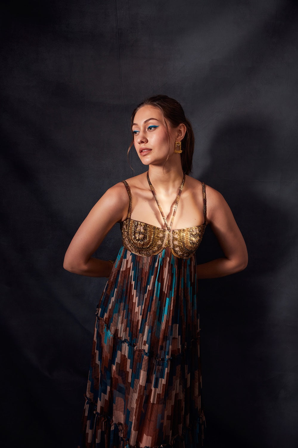 Turquoise Grid Print Maxi Dress with Aged Gold Embroidery - Boho Chic Summer Beach Dress for Vacation & Party Wear