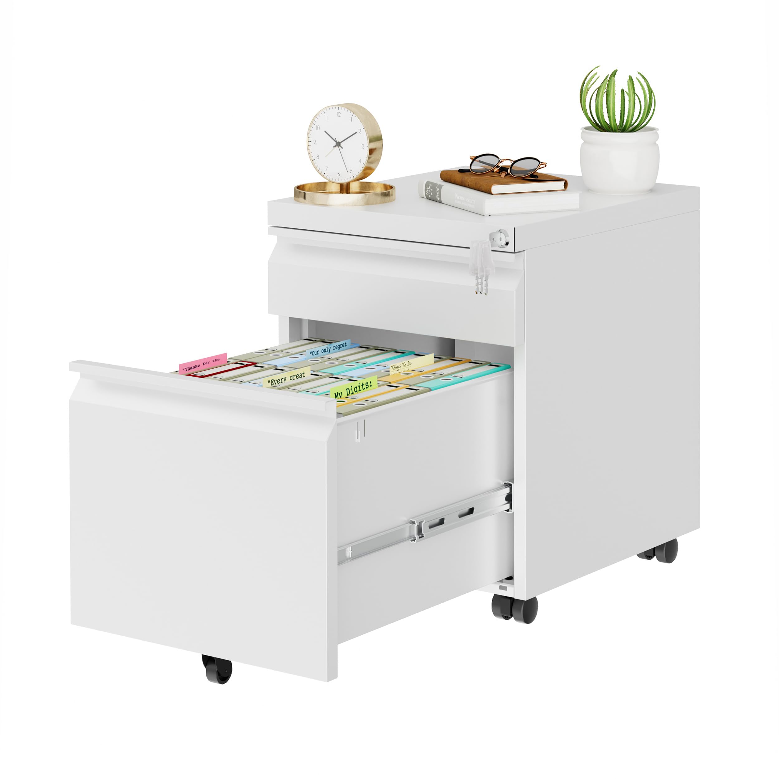2-Drawer Metal File Cabinet with Lock - Mobile Storage for A4, Letter & Legal Folders - Fully Assembled Home Office Filing Cabinet (White) - Perfect for Organizing Documents, Bills & Office Supplies