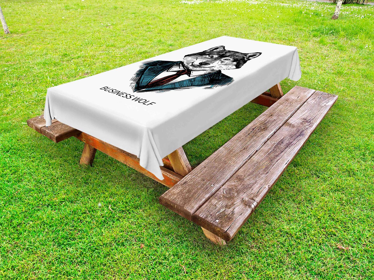 Ambesonne Wolf Outdoor Tablecloth - Stylish Animal in Suit Sketch Print, Washable Picnic Table Cover 58x104 Inches, Teal Vermilion Black - Perfect for Outdoor Dining, BBQ Parties, and Picnics