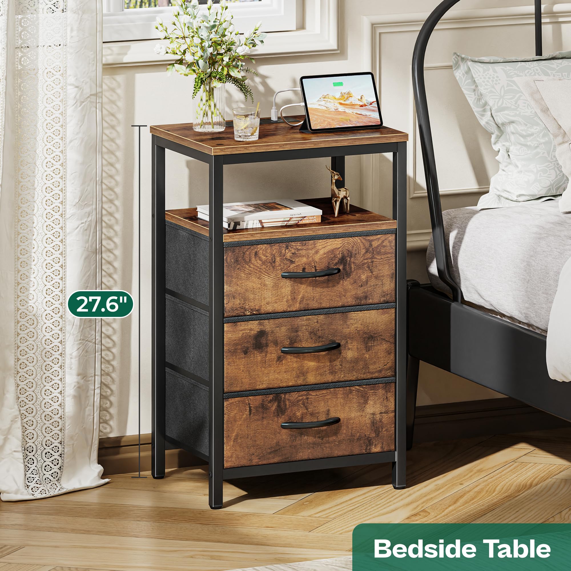 Huuger 27.6 Inch Nightstand with USB Charging Station & Fabric Drawers - Rustic Brown Bedside Table with Outlets for Bedroom | Perfect for Small Spaces, Apartment Living & Modern Home Decor