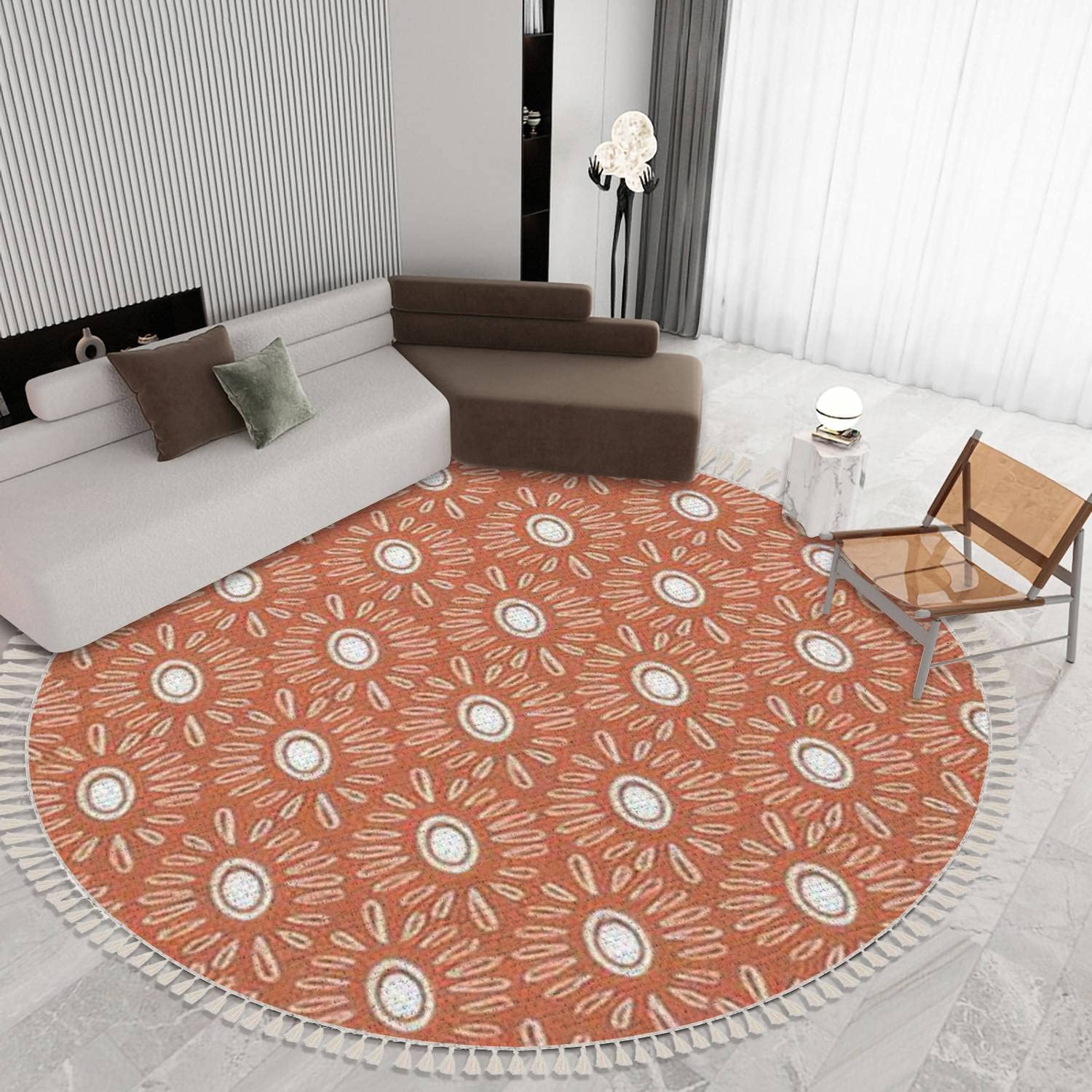 Bohemian Modern Round Fringe Shag Rug with Hand-Drawn Floral Abstract Design - 6ft Circle Boho Chic Area Carpet for Nursery, Playroom, Living Room & Kids Bedroom Decor | Soft Tassel Accents for Cozy Home Style