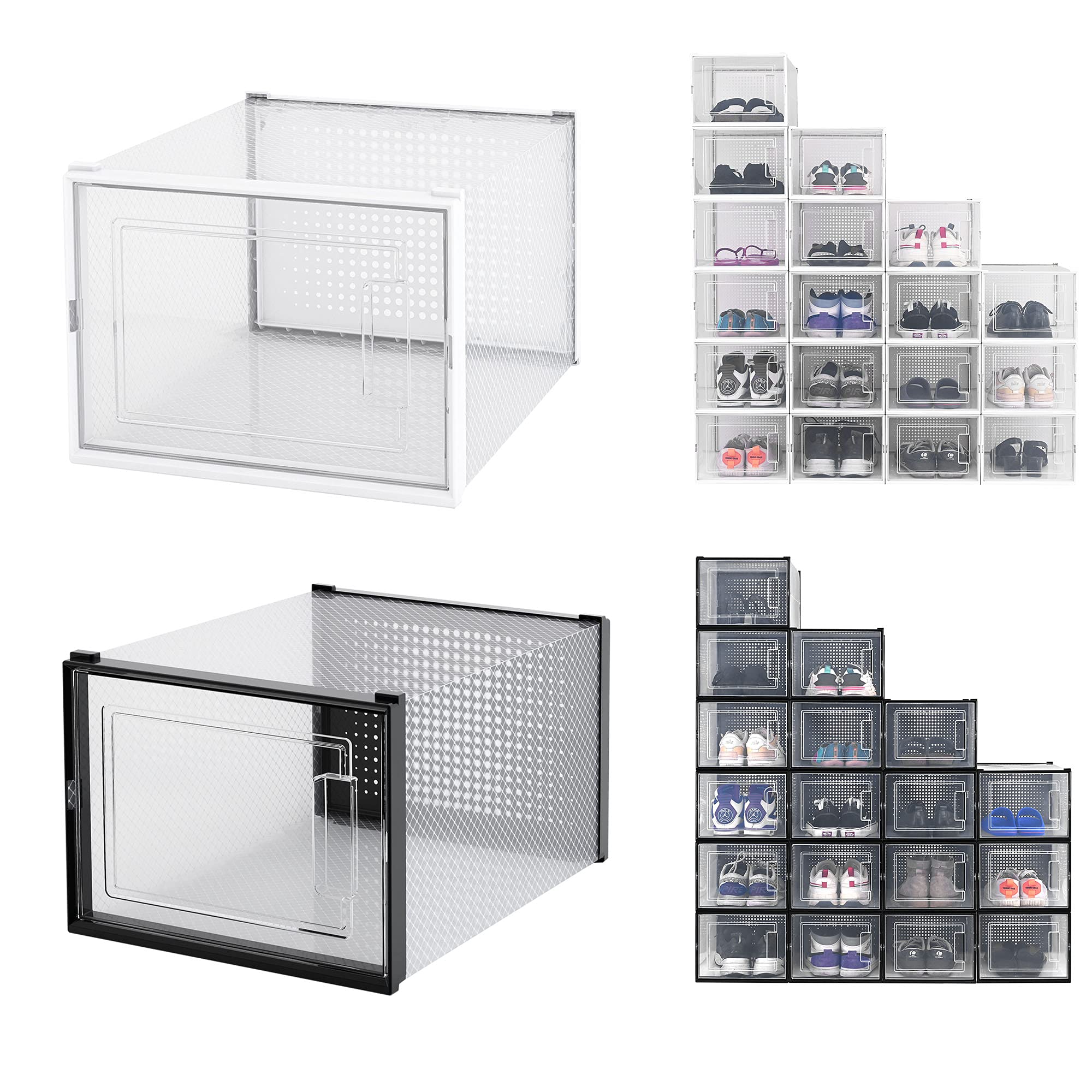 Yescom 36 Pack Clear Stackable Shoe Storage Boxes - Black & White Shoe Organizer for High Heels, Sneakers | Space-Saving Closet & Apartment Organization Solution for Home & Office