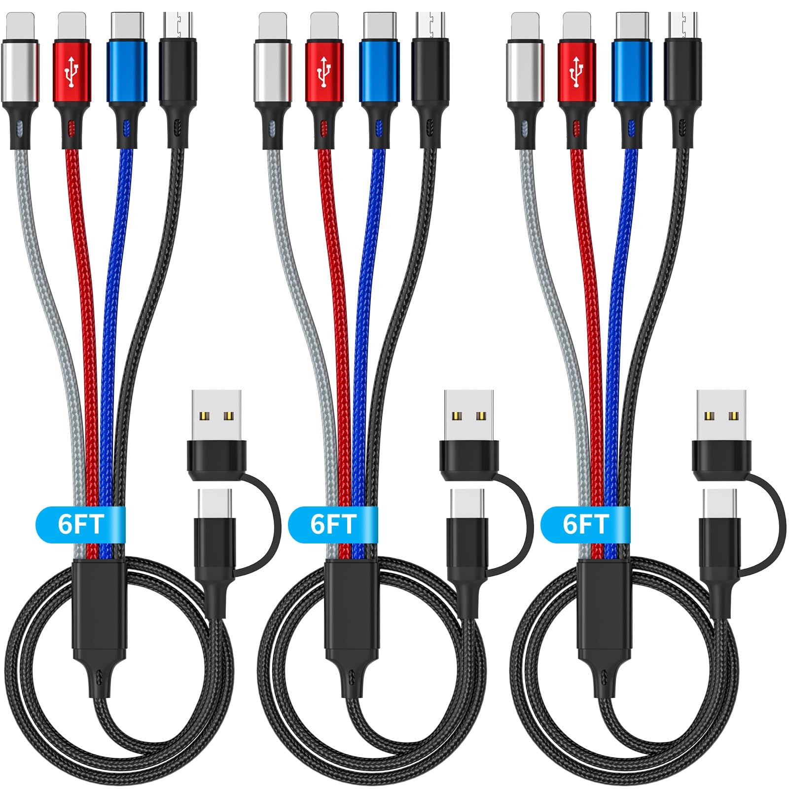 HanCenDa 4-in-2 Multi Charging Cable 6FT 3-Pack - Nylon Braided USB A/C to Lightning/Type-C/Micro USB Fast Charger for iPhone 16/15/14/13, Samsung, iPad, Android - Perfect for Home, Office & Travel Charging Needs