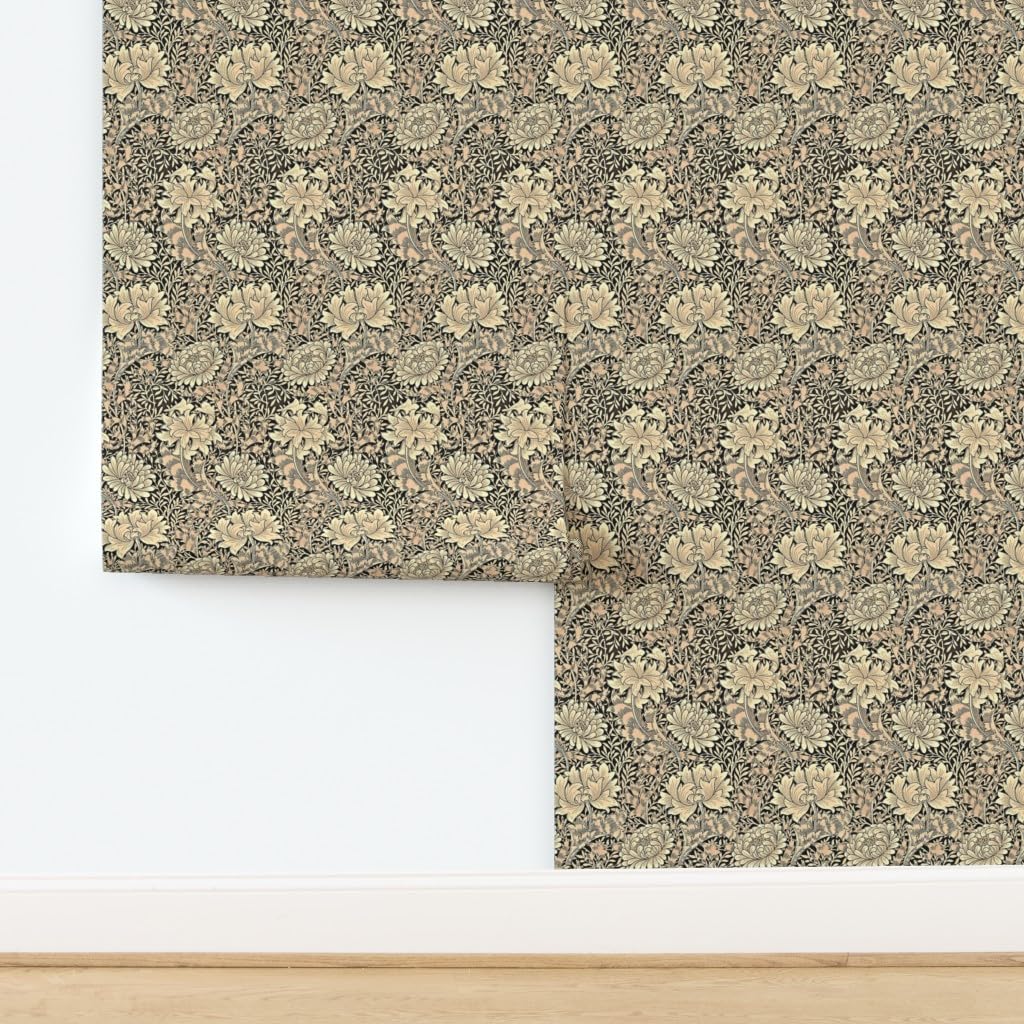 Peel & Stick Wallpaper 9ft x 2ft - Wood Brown Floral Beige Daisy Nouveau Chrysanthemum Pattern | Removable Self-Adhesive Wallpaper for Bedroom, Living Room & Nursery Decor | Easy DIY Home Improvement