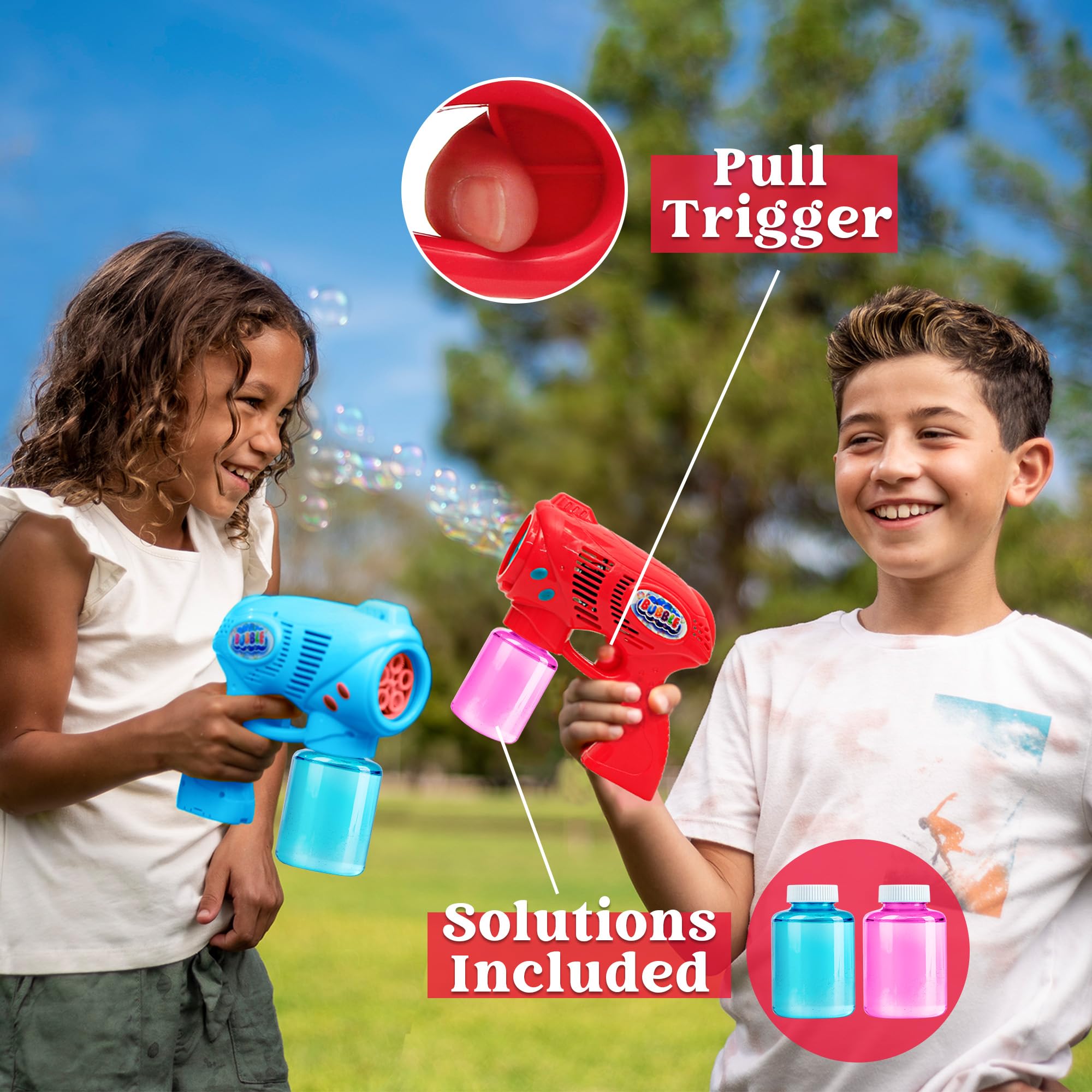 JOYIN 2 Pack Bubble Guns with 2 Refill Solutions (10 oz Total) - Automatic Bubble Blower Machine for Kids, Toddlers - Outdoor Party, Birthday Gift, Easter Basket Stuffers - Fun Summer Backyard, Park, Beach Activities (Blue+Red)