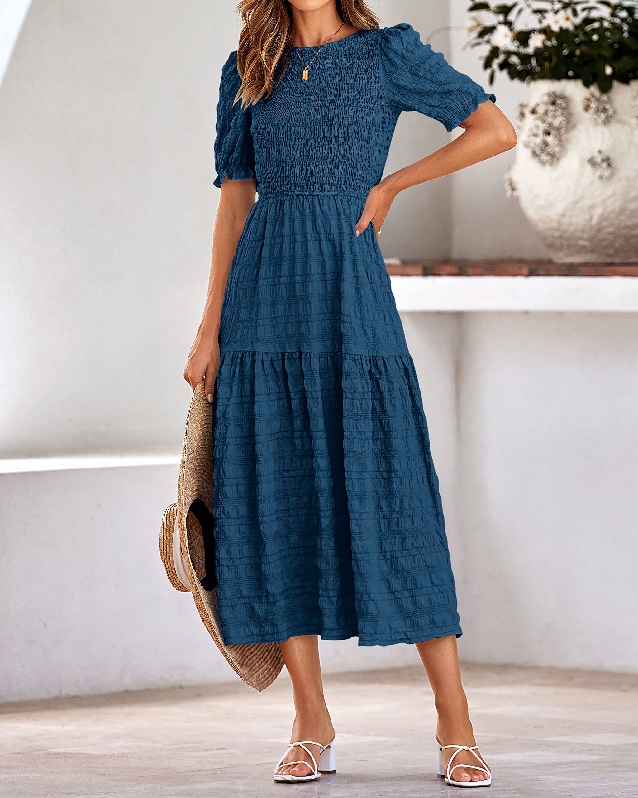 Dowerme Women's Summer Dresses 2025 - Casual Puff Short Sleeve Crewneck Smocked Flowy Ruffle Boho Maxi Sundress for Beach, Party & Vacation Wear