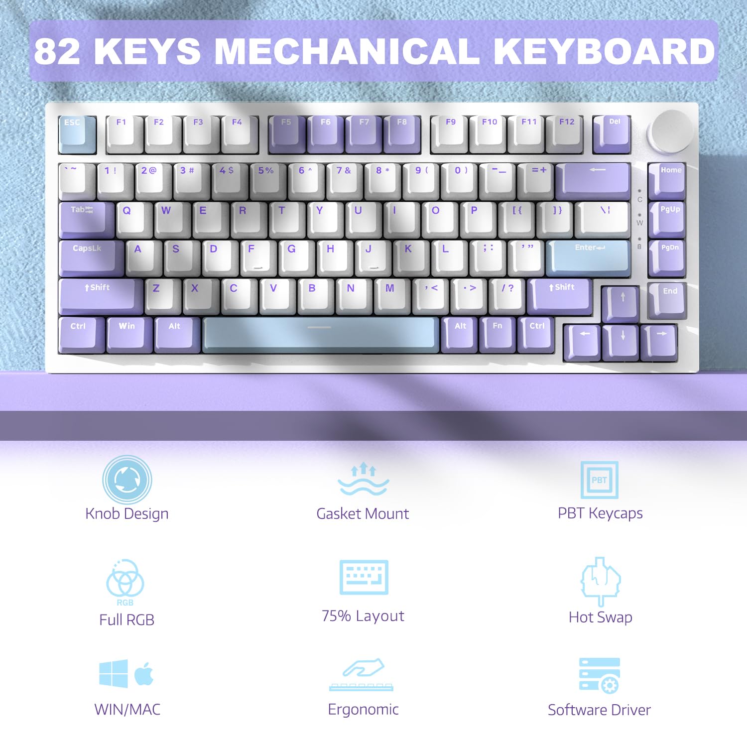 AJAZZ AK820 75% TKL Wired Mechanical Keyboard - Hot-Swap Linear Switches, Gasket Mount, RGB Backlit, 82 Keys with CNC Volume Knob, Poron Foam, OEM PBT Keycaps for PC/Win/MAC (Purple) - Perfect for Gaming, Typing & Office Work
