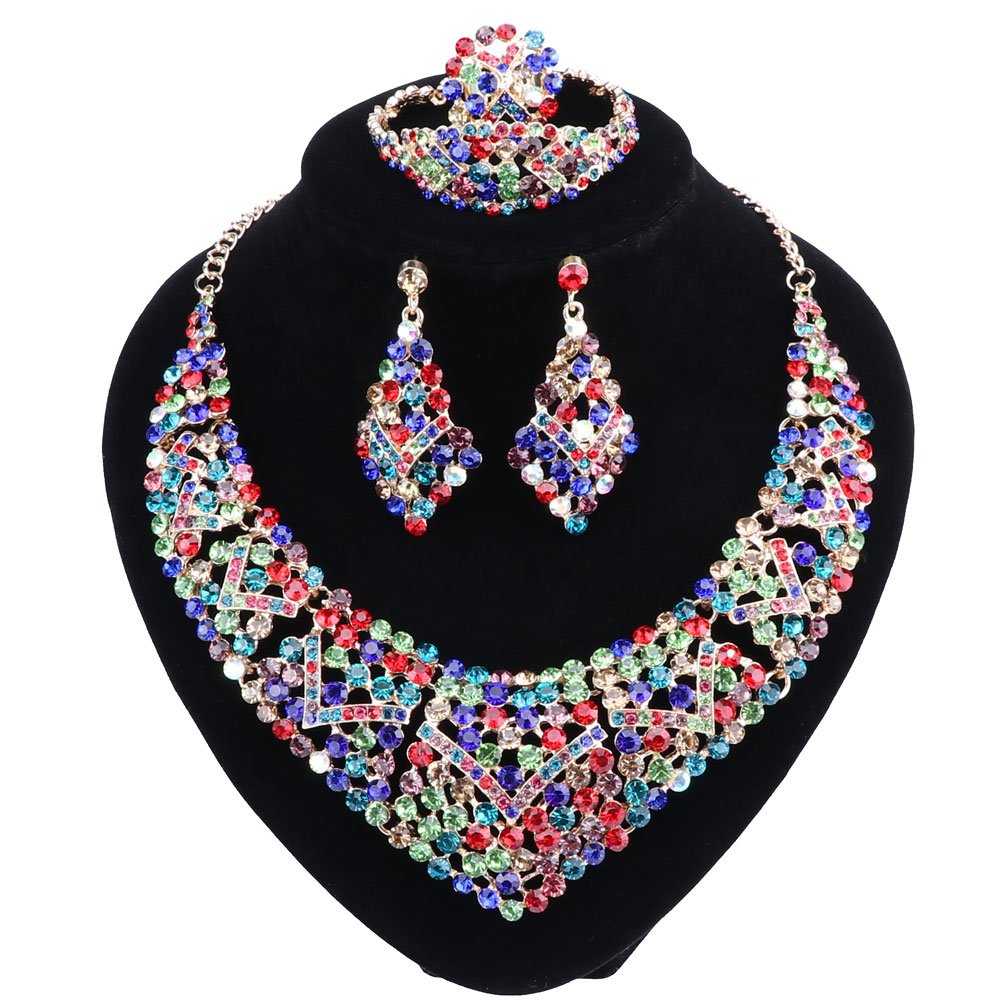 18K Gold Plated Rhinestone Jewelry Set for Women - Necklace, Earrings, Ring & Bracelet - Perfect for Weddings, Parties & Special Occasions