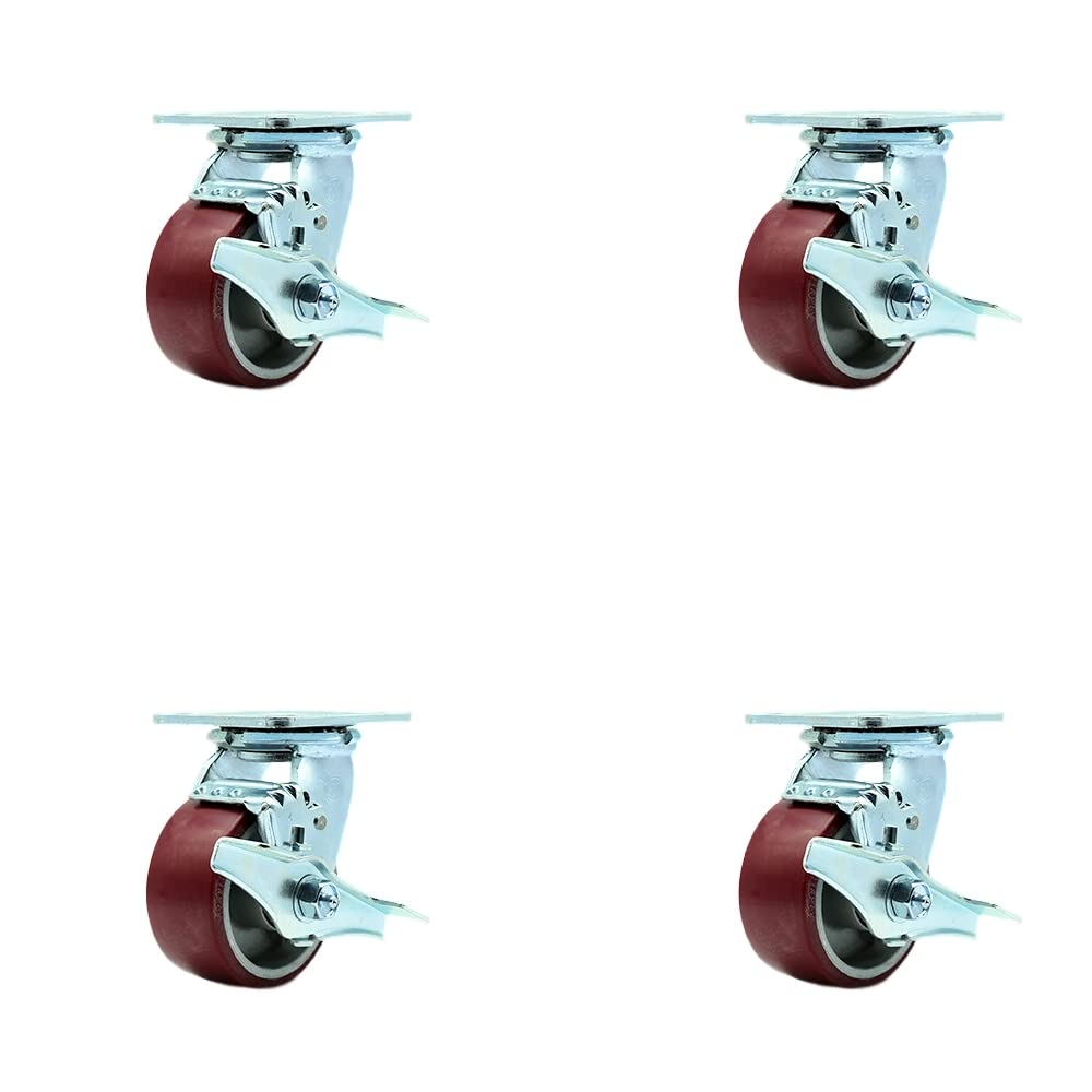 Heavy Duty 4-Inch Polyurethane Swivel Caster Set of 4 - Aluminum Wheels with Ball Bearings, Top Lock Brakes & Bolt-on Swivel Locks - Ideal for Industrial Carts, Workbenches, and Heavy Equipment Mobility
