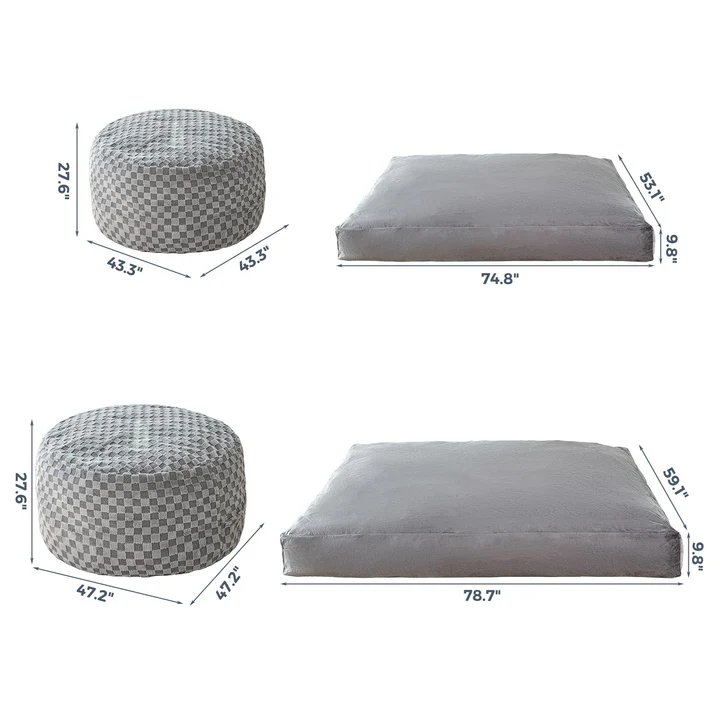 MAXYOYO Jacquard Shaggy Plush Bean Bag Chair with Pouf Set - Space Saving Combo for Living Room, Dorm, Bedroom & Game Room - Soft Bean Bag Bed & Footstool Bundle for Relaxing, Lounging & Gaming