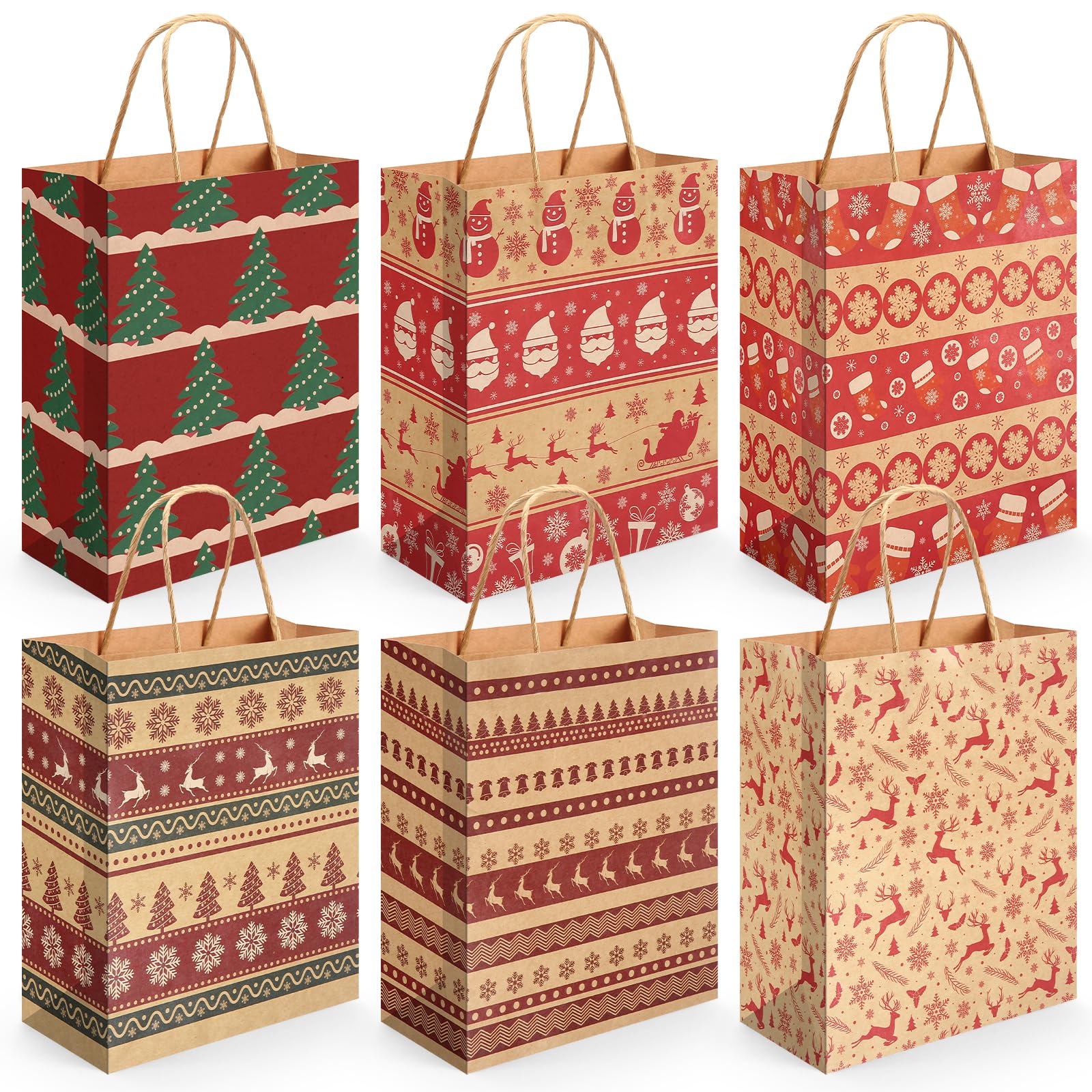 24-Piece Christmas Gift Bags Bulk with Handles - Kraft Paper Holiday Wrapping Bags for Party Favors, Gifts & Stocking Stuffers - Perfect for Christmas Celebrations, Office Exchanges & Festive Gift Giving