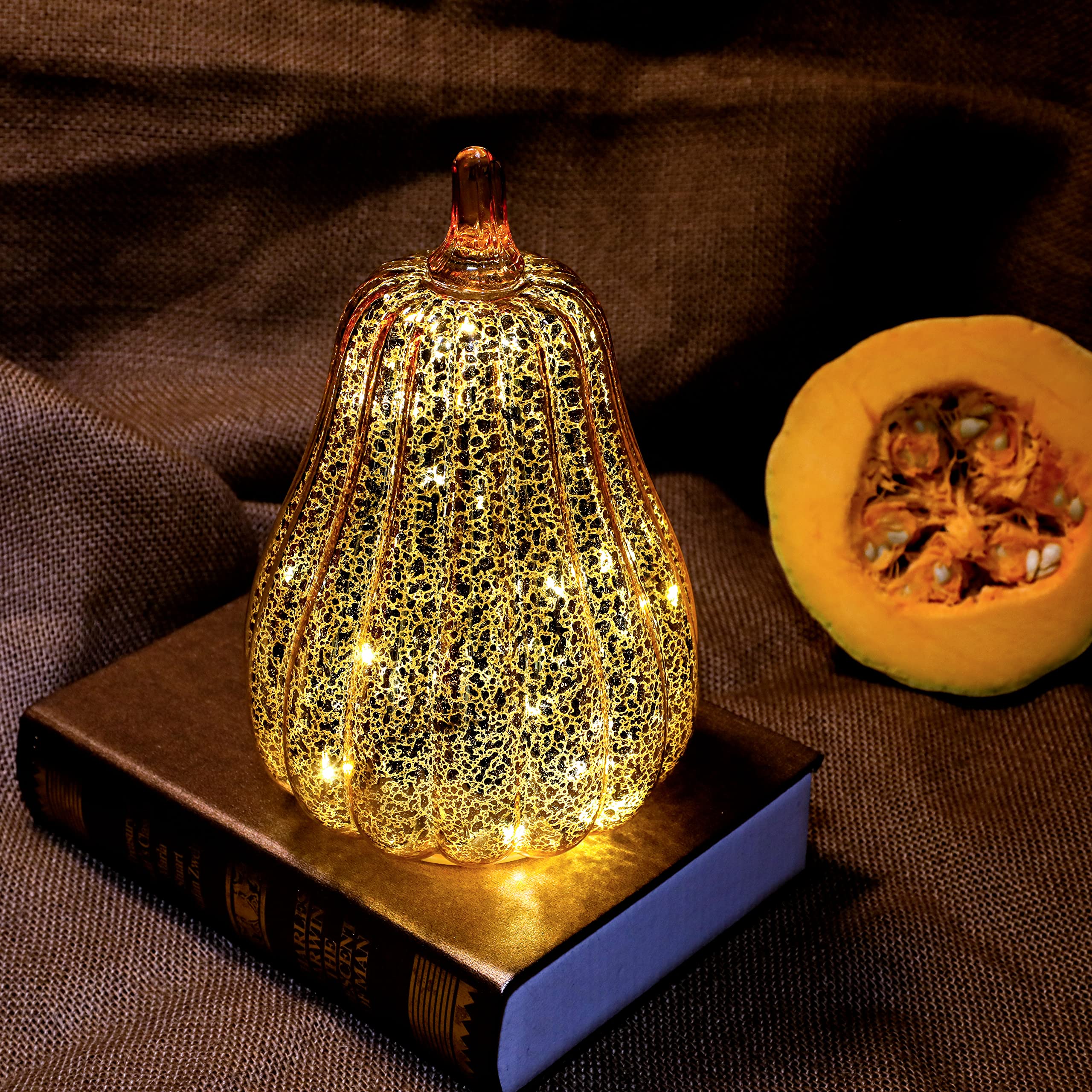Romingo Mercury Glass Pumpkin Light with Timer - Gold Halloween Decor, Fall & Thanksgiving Decoration (8.7 Inch) - Perfect for Porch, Mantel, and Tabletop Displays
