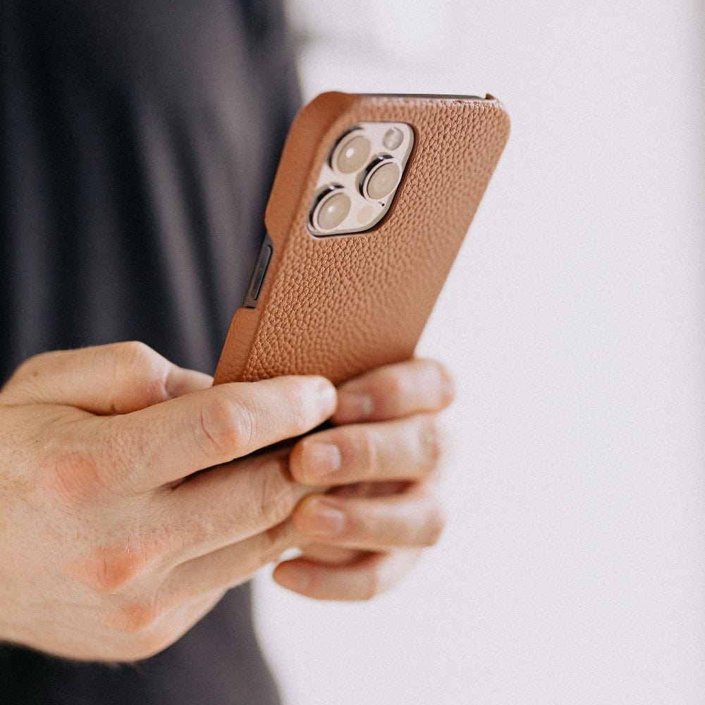 Premium Genuine Milled Leather iPhone Case in Cognac Brown - Slim Protective Cover for iPhone [Model] - Perfect for Business, Travel & Everyday Use