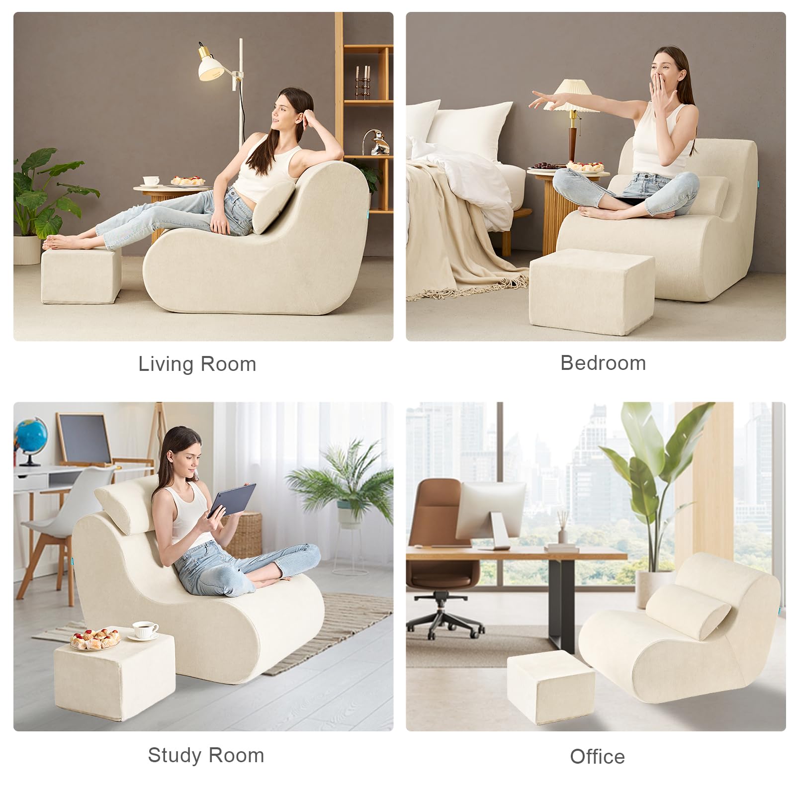 Hansleep Oversized Bean Bag Chair with Ottoman - High-Density Foam Lounge Chair with Lumbar Support, Soft Jacquard Fabric Floor Sofa for Adults - Perfect for Bedroom, Living Room, Reading Nook & Game Room - Beige Cozy Seating Solution