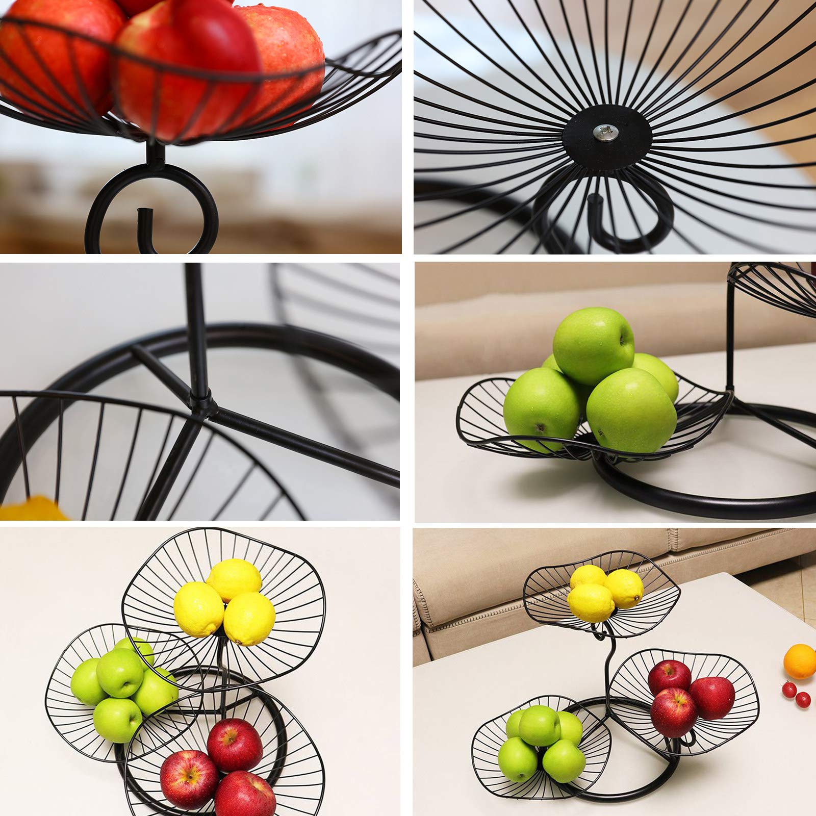 3-Tier Black Fruit Bowl for Table Centerpiece - Detachable Large Kitchen Storage Basket for Fruits, Vegetables, Bread & Snacks - Perfect for Dining Room Decor and Party Serving