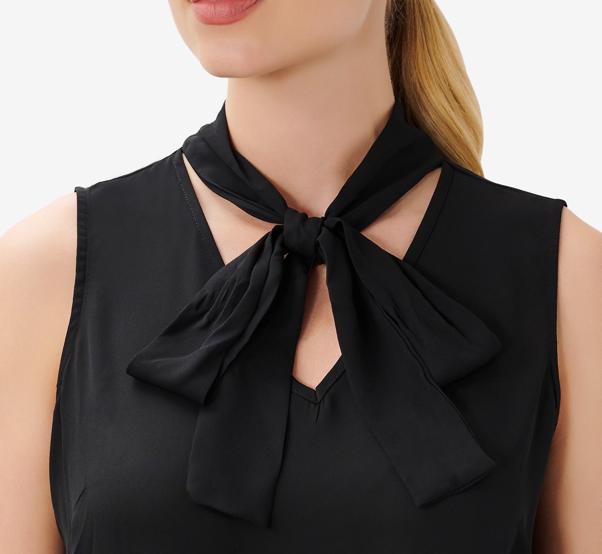 Black Tie Neck Crepe Blouse for Women - Elegant Office Wear & Evening Party Outfit