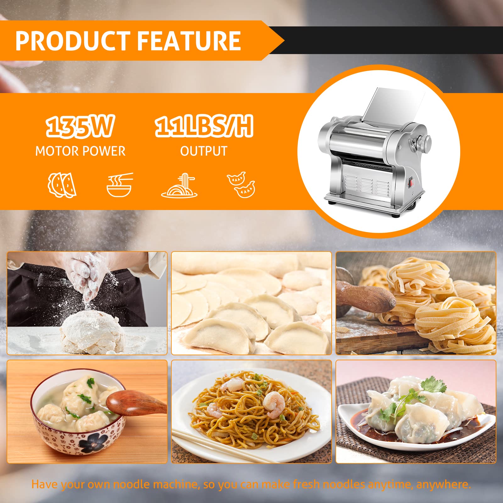 WICHEMI Electric Pasta Maker Machine - 135W Stainless Steel Pasta Dough Roller & Noodle Press for Spaghetti, Fettuccine | Includes 1.5mm & 4mm Flat Noodle Attachments | Perfect for Home Kitchen & Italian Cooking