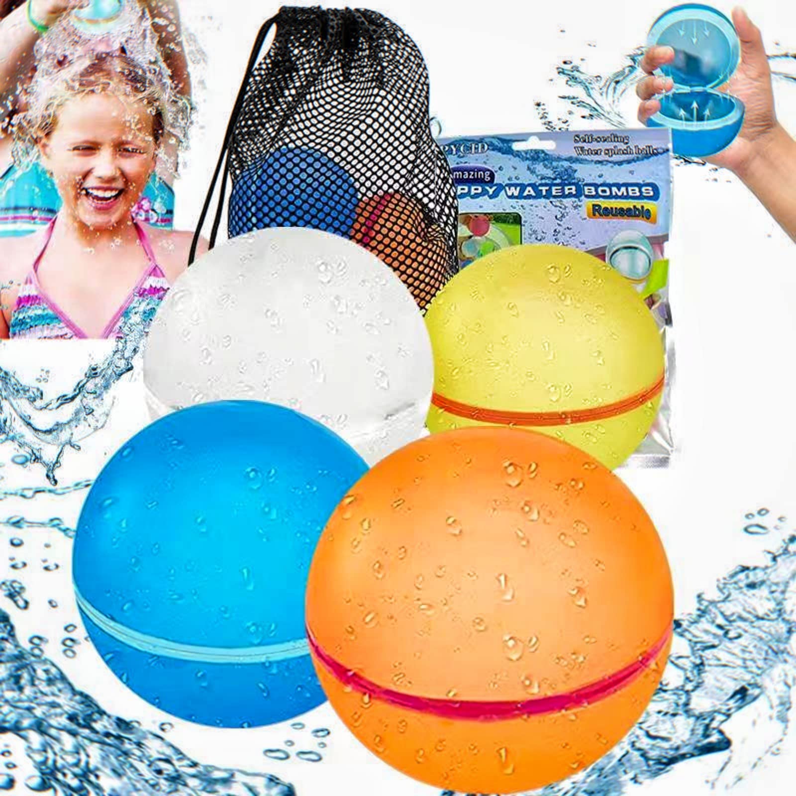 Refillable Reusable Water Balloons - Quick Fill Self-Sealing Soft Silicone Splash Balls for Kids Ages 3+ | Perfect for Outdoor Water Fights, Summer Pool Parties, Beach Games, and Backyard Fun