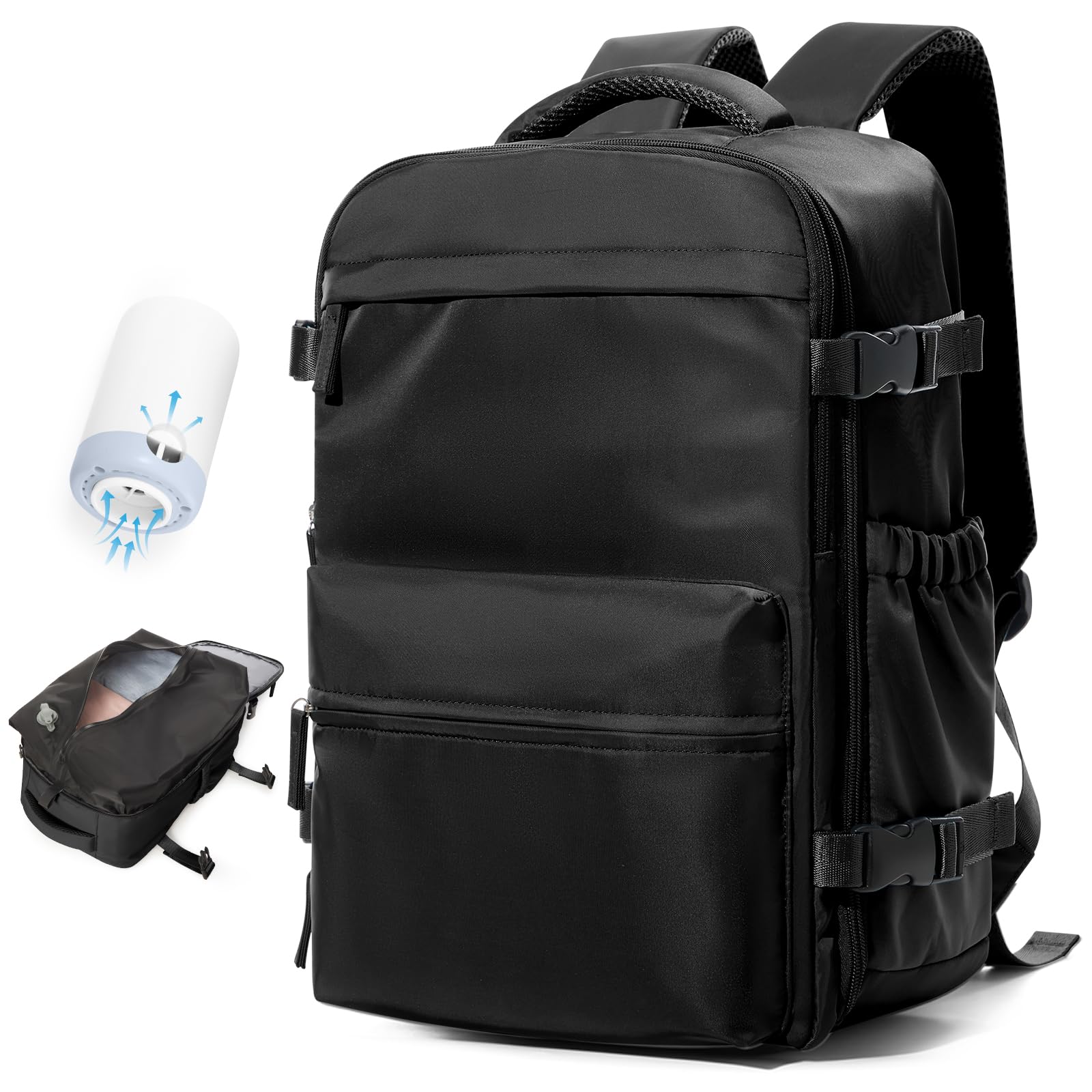BOXSAM Large Vacuum Travel Backpack with Hand Pump - 18x14x8 Inch Flight Approved Carry-On Backpack for Women & Men, Waterproof Laptop Daypack with Compression Bags for Work, Gym & Air Travel - Black