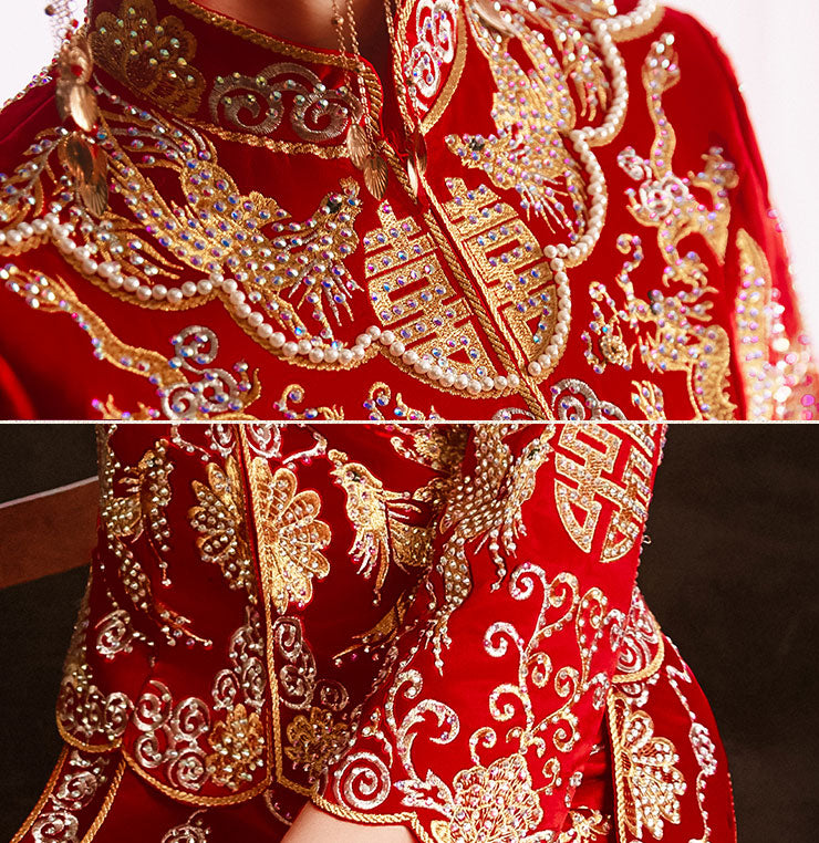 2023 Embroidered Dragon Phoenix Wedding Qun Kwa Dress - Traditional Chinese Bride Cheongsam for Wedding Ceremony & Tea Party - Perfect for Asian Bridal Couture, Cultural Celebrations & Photoshoots