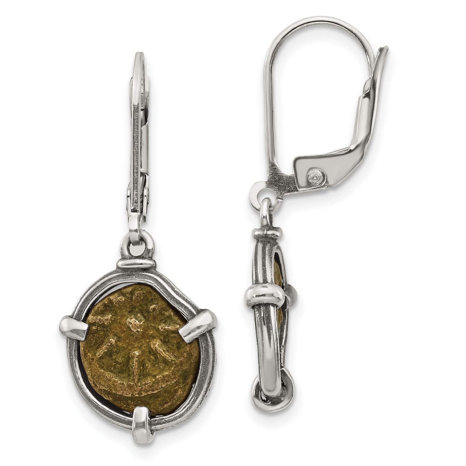 Antiqued Sterling Silver Widow's Mite Coin Leverback Earrings 36x15mm - Biblical Jewelry for Women, Perfect for Church, Weddings & Special Occasions