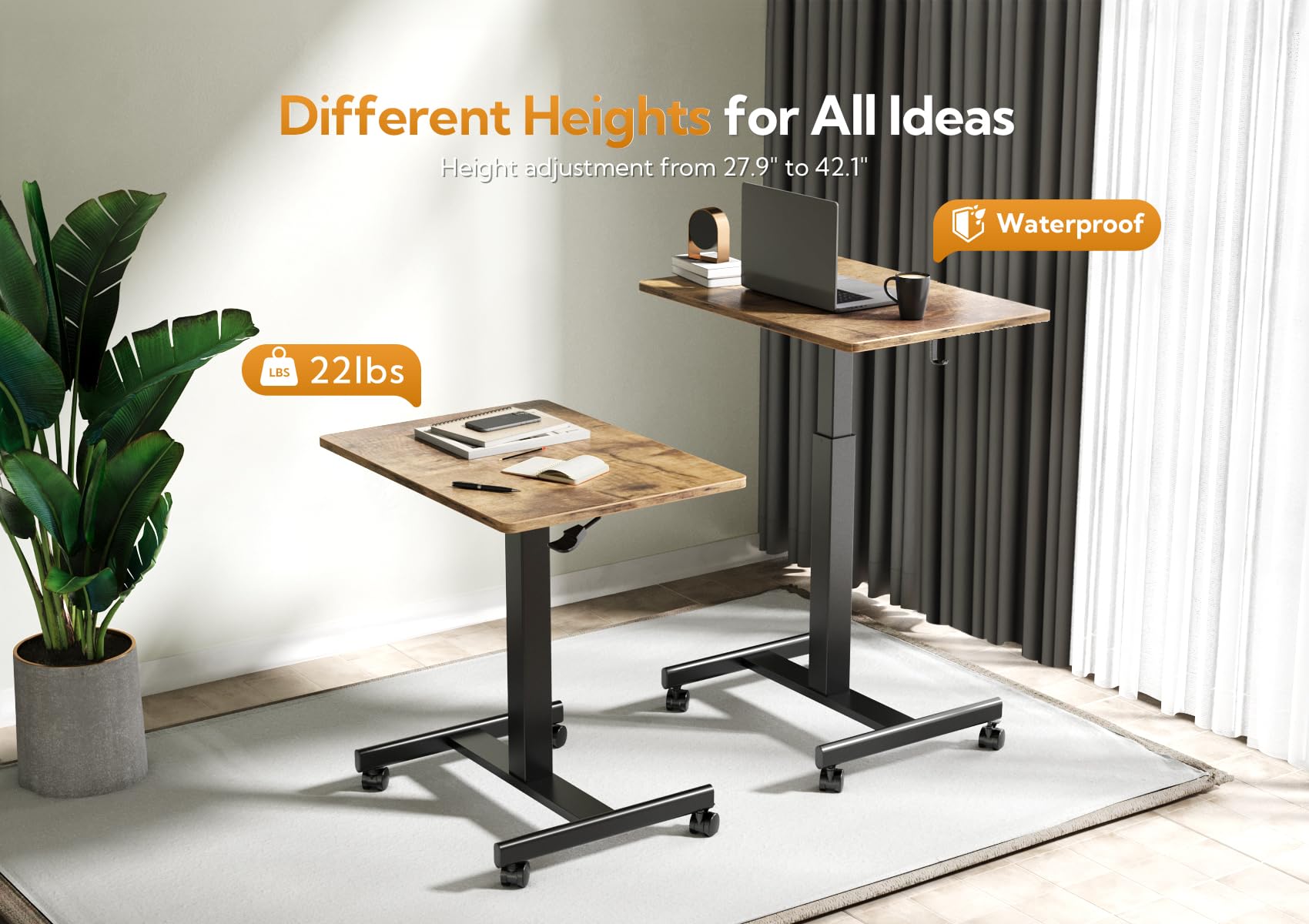 Claiks Mobile Standing Desk with Wheels - Adjustable Height Small Rolling Workstation for Home Office, Pneumatic Laptop Desk with Hook in Rustic Brown | Perfect for Remote Work, Study & Small Spaces