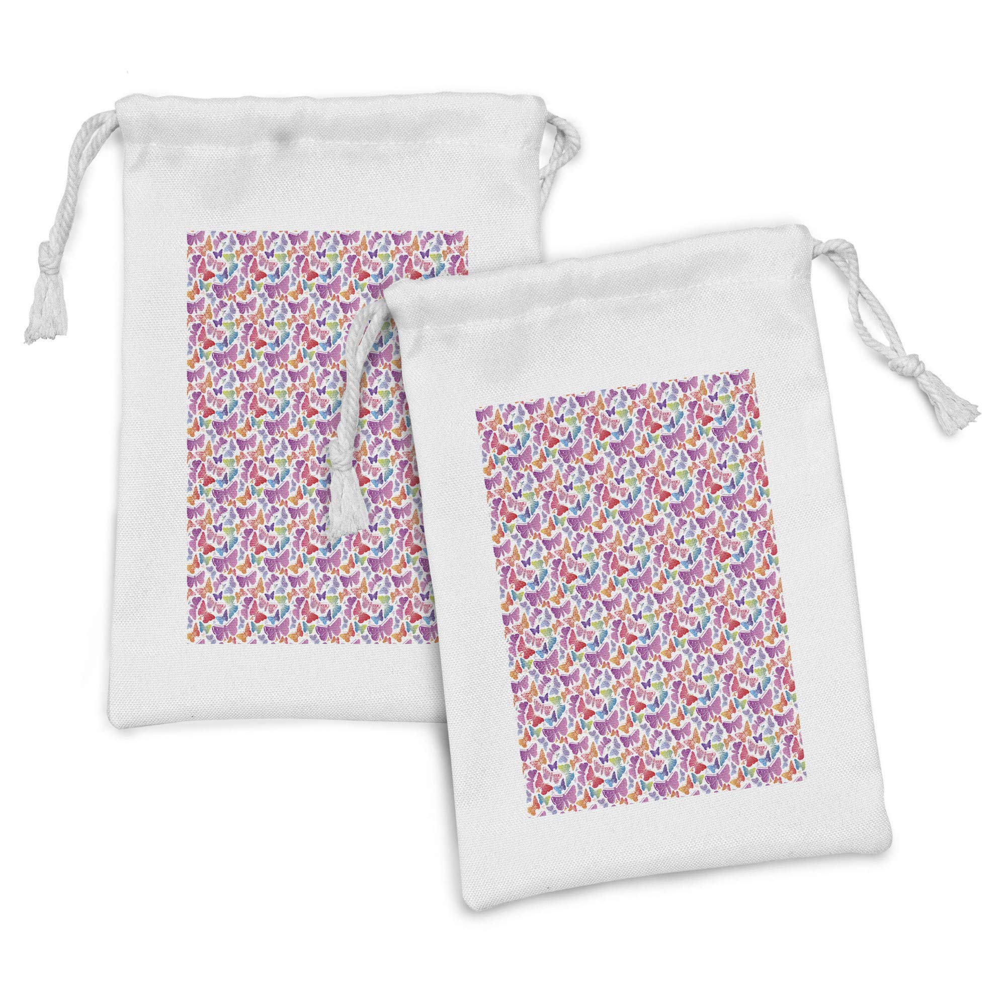 Ambesonne 2-Pack Colorful Fabric Pouch Set with Ornamental Flying Insects Design - Small Drawstring Bags for Toiletries, Masks, Jewelry & Party Favors (9