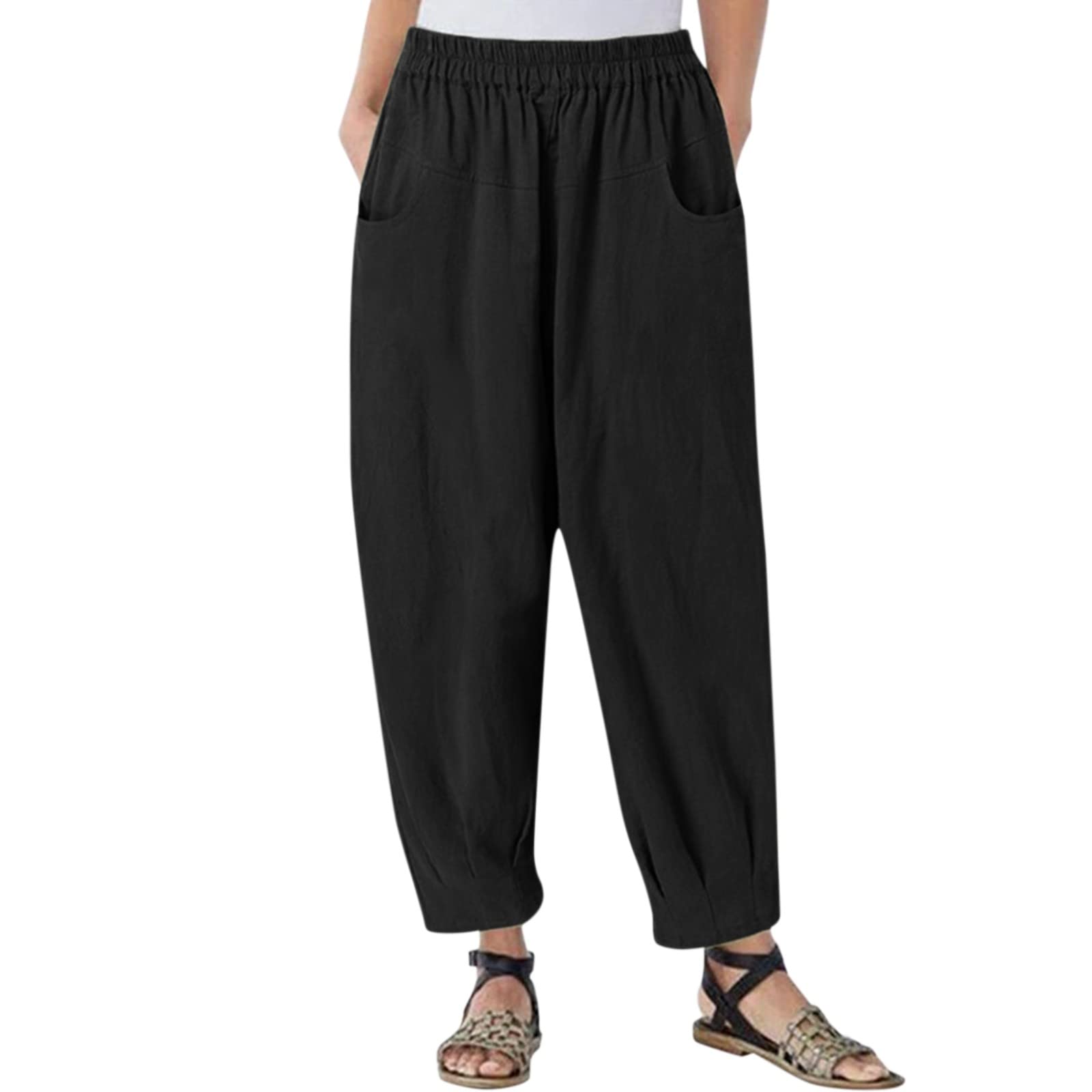 Women's Linen Pants with Elastic Waist - Loose Fit Cropped Cargo Capris with Pockets | Perfect for Summer, Travel & Casual Outfits