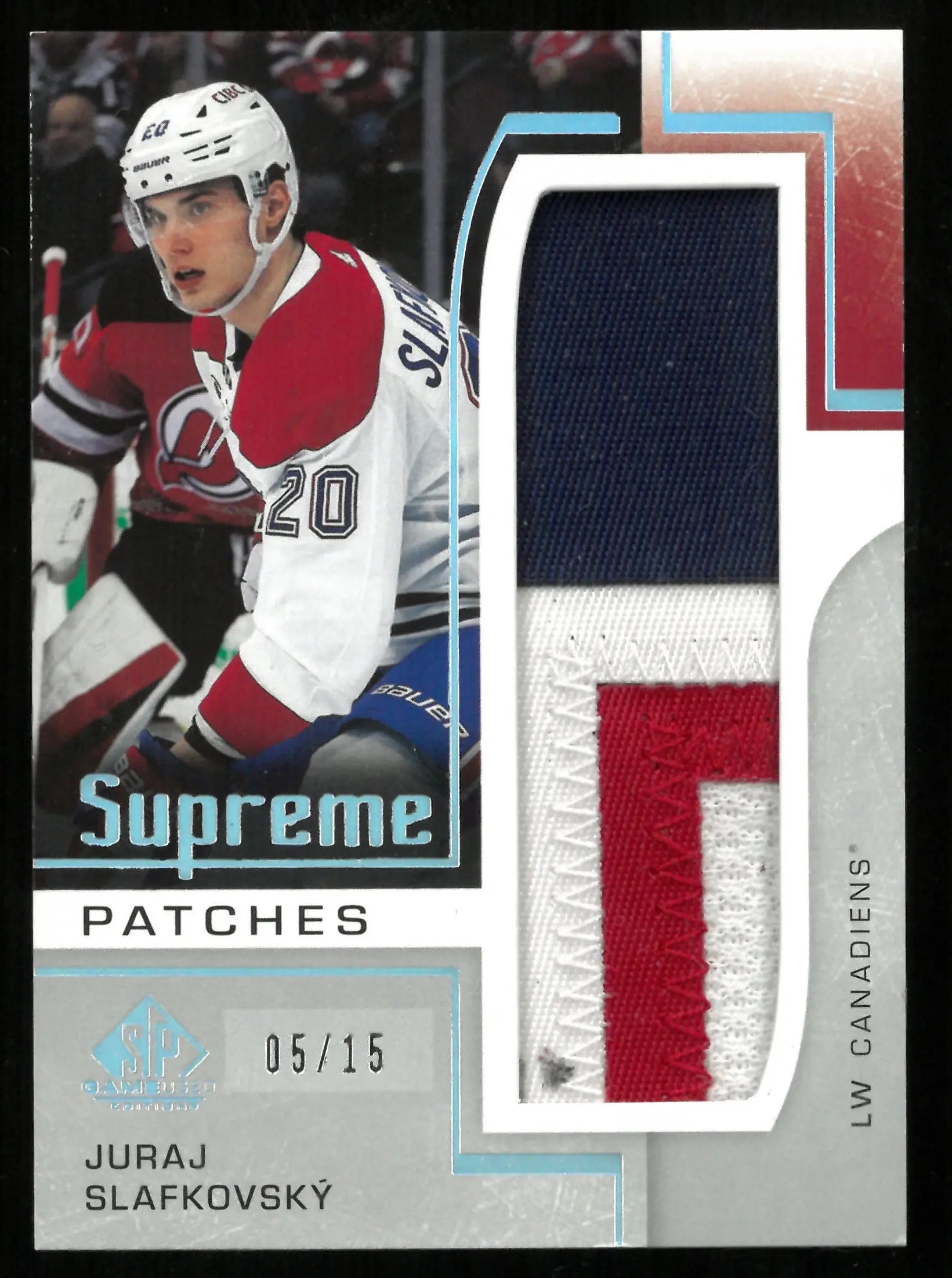 2024-25 Upper Deck SP Game Used Juraj Slafkovsky Supreme Tri-Color Patch /15 - Rare Hockey Collectible for NHL Fans & Memorabilia Collectors