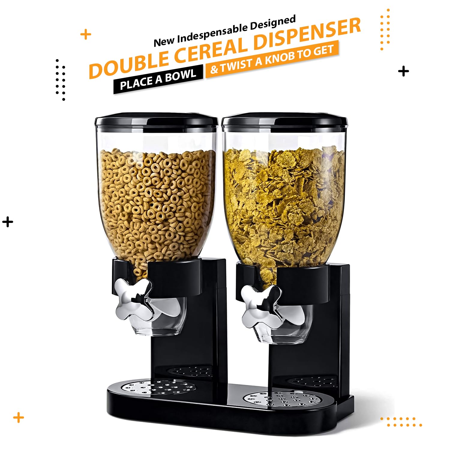 Premium Single/Double Plastic Dry Food Dispenser with Twist Dial - Accurate Portion Control for Cereals, Nuts & Snacks - Airtight Storage Keeps Food Fresh - Ideal for Kitchen, Pantry & Office (Black, Double Pack)