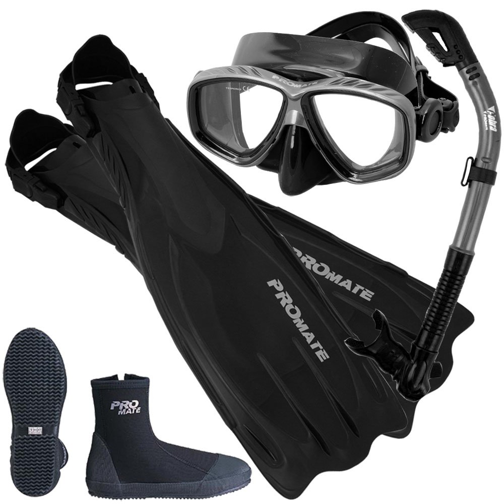 Promate Scuba Diving Fins, Boots & Dry Snorkel Mask Set - Professional Dive Gear for Snorkeling & Scuba (SCS0063) | Perfect for Ocean Adventures, Pool Training & Tropical Vacations