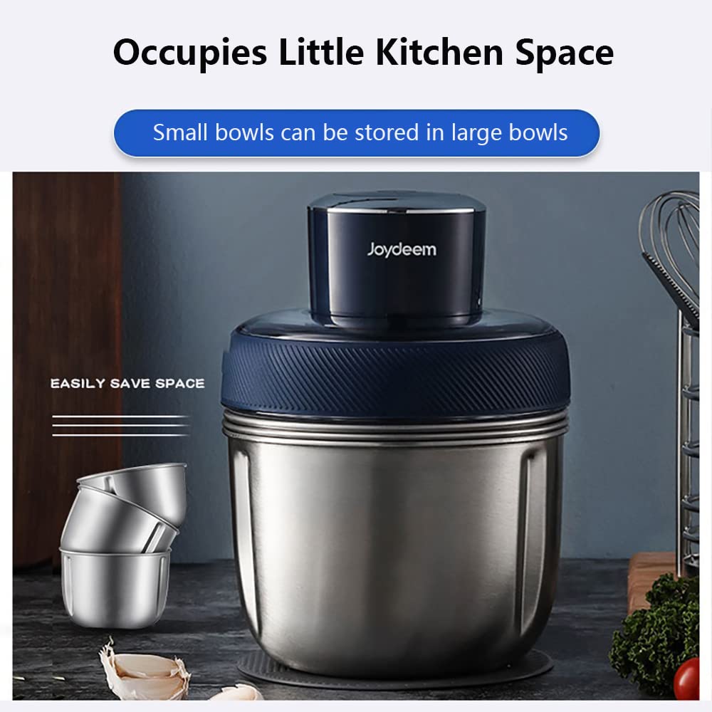 Joydeem JD-376B 3-in-1 Electric Food Processor & Meat Grinder with Garlic Peeler - 500W Powerful Motor, 3 Stainless Steel Bowls - Perfect for Chopping Vegetables, Fruits & Making Dough - Ideal for Home Kitchen & Meal Prep (Blue)
