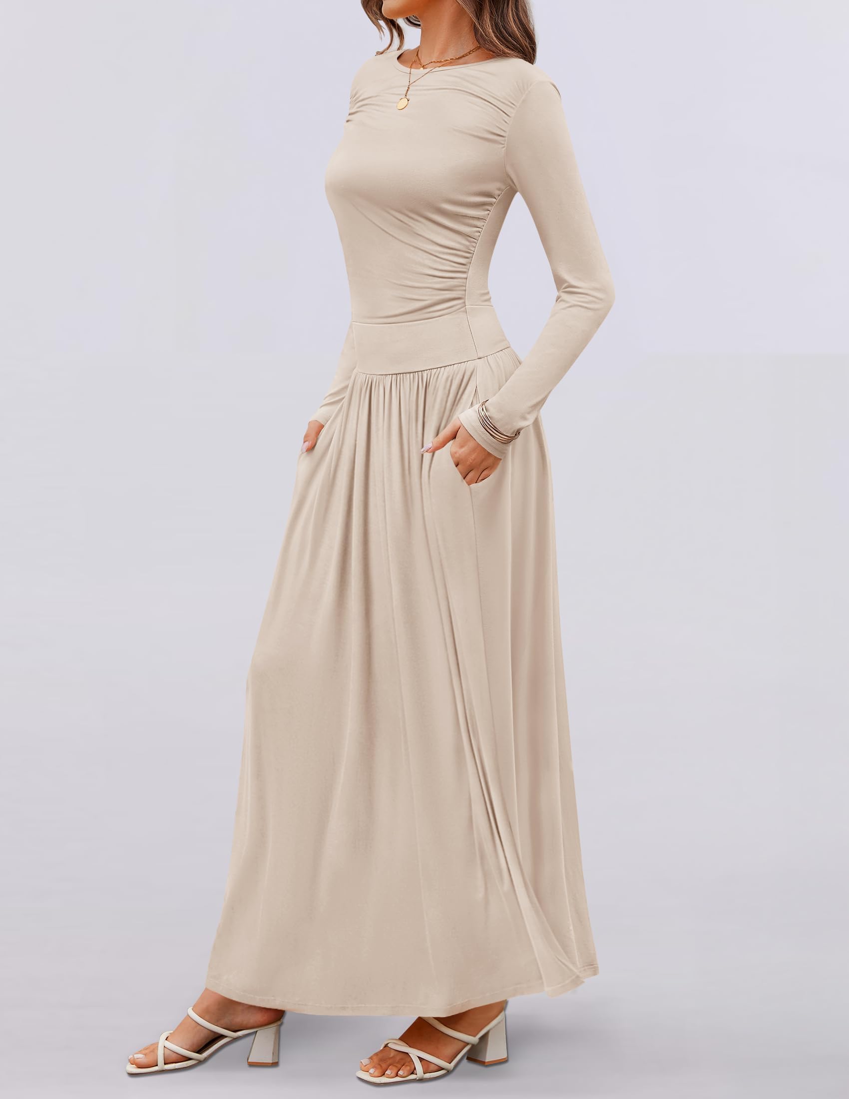 ZESICA Women's Long Sleeve Maxi Dress 2025 - Crewneck Knit Casual Slim Swing Pleated Dress with Pockets | Spring Summer Flowy Dress for Beach, Wedding & Everyday Wear