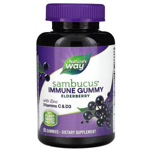 Nature's Way Sambucus Elderberry Immune Support Gummies with Vitamin C & Zinc - 60 Count - Boosts Immunity for Kids & Adults - Perfect for Cold & Flu Season