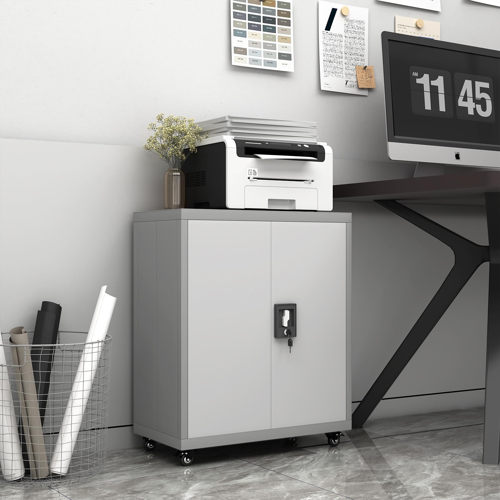 GREATMEET Rolling Garage Storage Cabinet with Wheels, Lockable Metal Utility Cabinet with Adjustable Shelves & Doors - Grey - Ideal for Garage, Home Office, Workshop & Utility Room Organization
