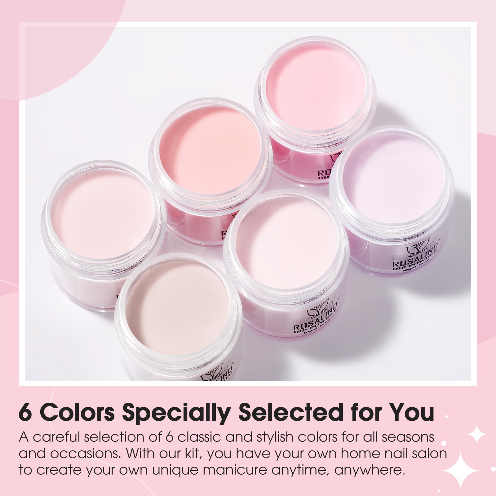 ROSALIND 13PCS Dip Powder Nail Kit - Summer Spring Clear Jelly Pink Translucent Dip Nails Powder Starter Kit with 6 Colors, Base Top Coat, Activator & Brush Saver | DIY Manicure at Home, Salon Quality Nails for Parties & Special Occasions