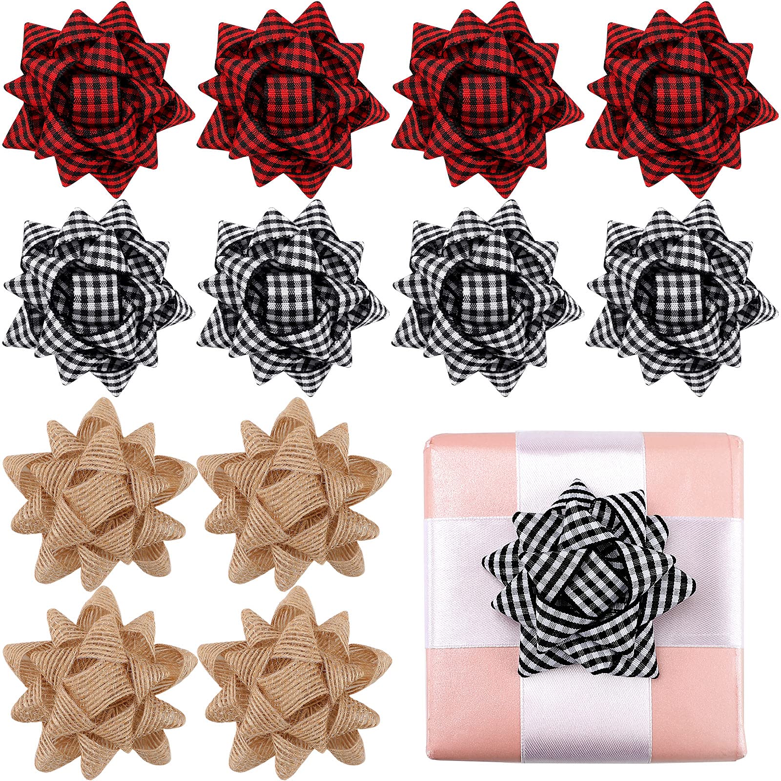 12-Piece Buffalo Plaid Christmas Bows Set - Red, White & Black Gift Wrapping Bows for Presents, Wreaths & Holiday Decor (Perfect for Christmas, Birthday & Wedding Gift Wrapping)