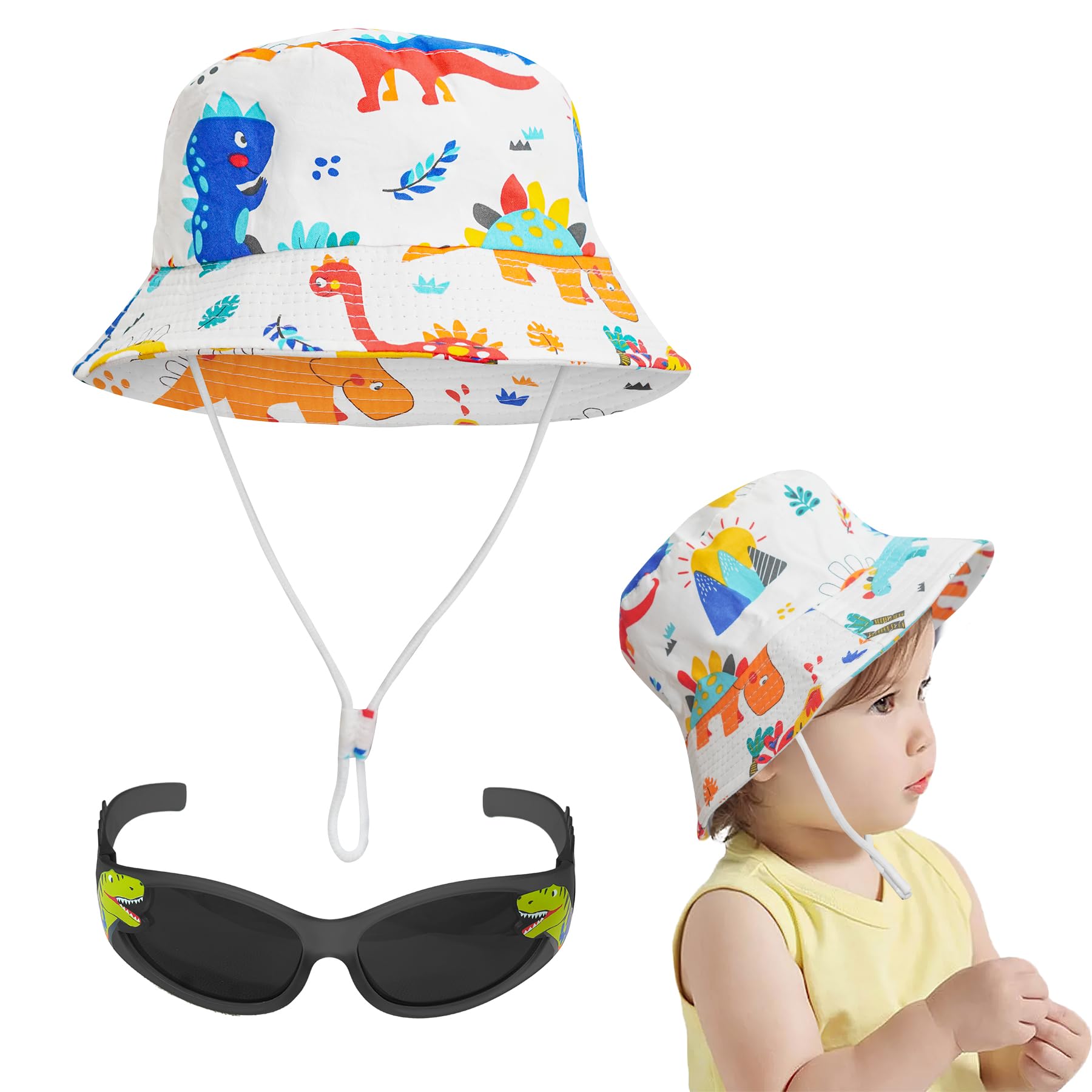 UPF 50+ Baby Sun Hat with Dinosaur Sunglasses - UV Protective Toddler Bucket Hat for Beach, Outdoor Play & Summer Activities