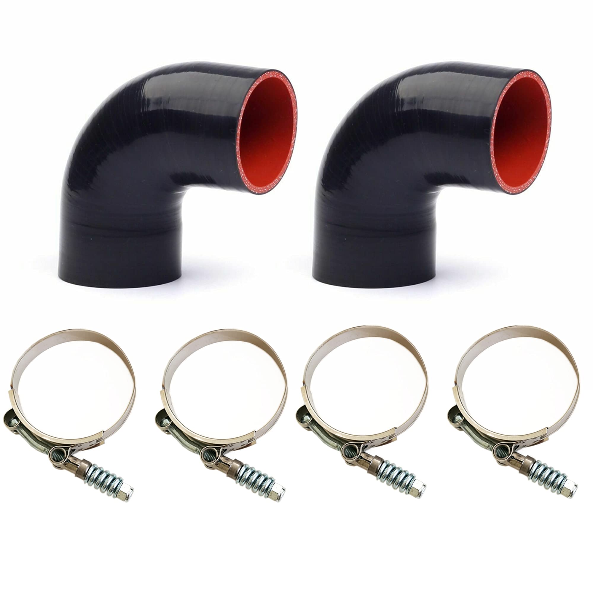 PAKA TOOLS 2.5in 90° Elbow Coupler - Black-Red Silicone Hose for Turbo Pipe + 4 Clamps - Car Engine Upgrade