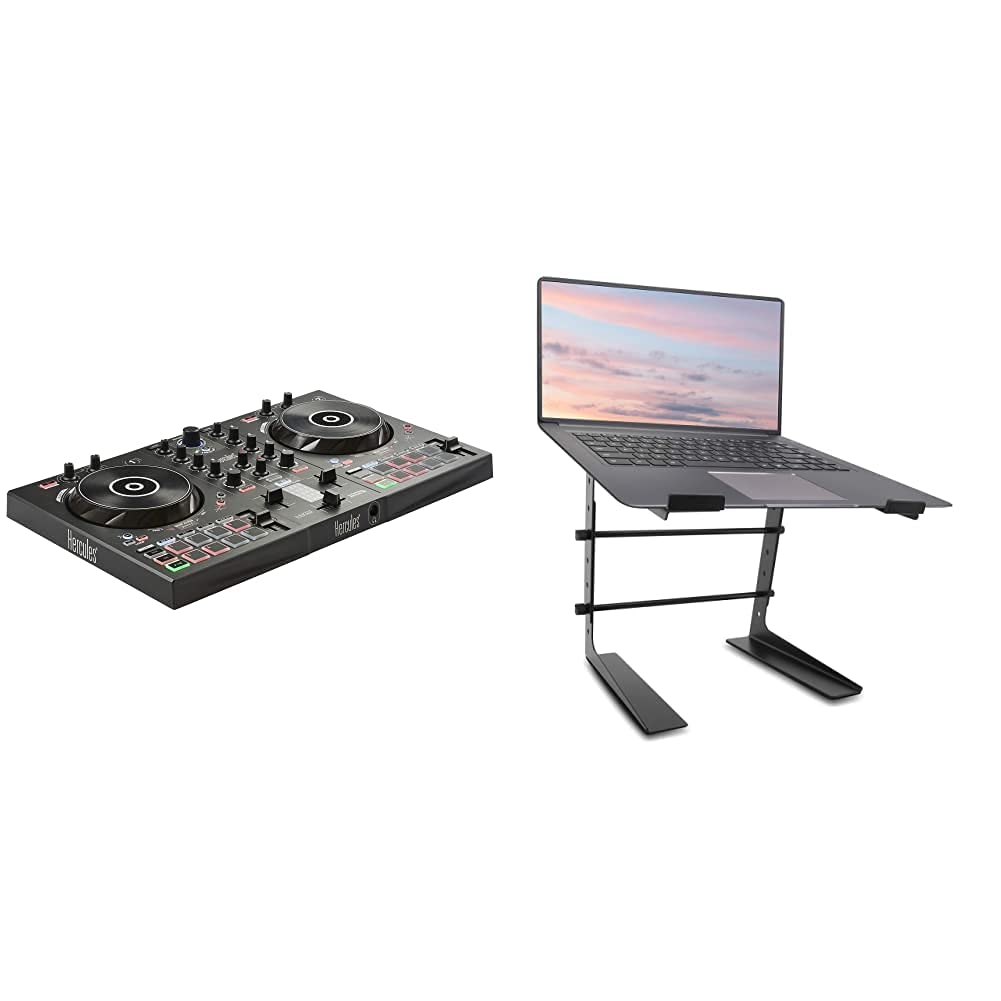 Hercules DJ Control Inpulse 300 - 2 Channel USB DJ Controller for Beginners & Professionals | Pyle Portable Adjustable Laptop Stand (6.3-10.9 Inch) - Anti-Slip Standing Desk Riser for Monitor & Computer | Perfect for Home Office, Studio & DJ Setup