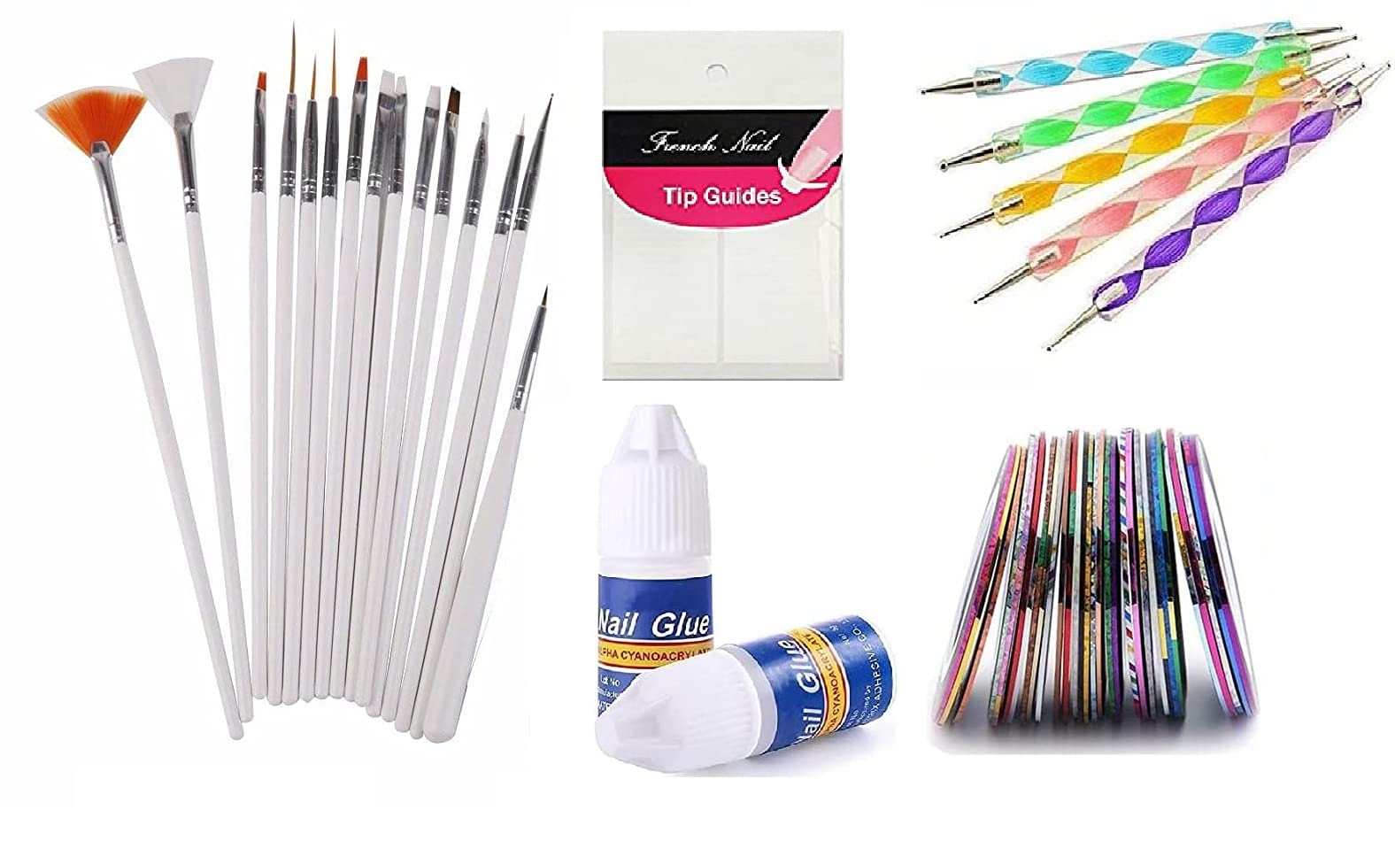 Professional Nail Art Kit - 42 Pcs Nail Design Set with 15 Brushes, 5 Dotting Tools, 10 Round Tapes, 2 Glues & 10 Tip Guides | Perfect for DIY Manicures, Salon Nail Art & Home Nail Care