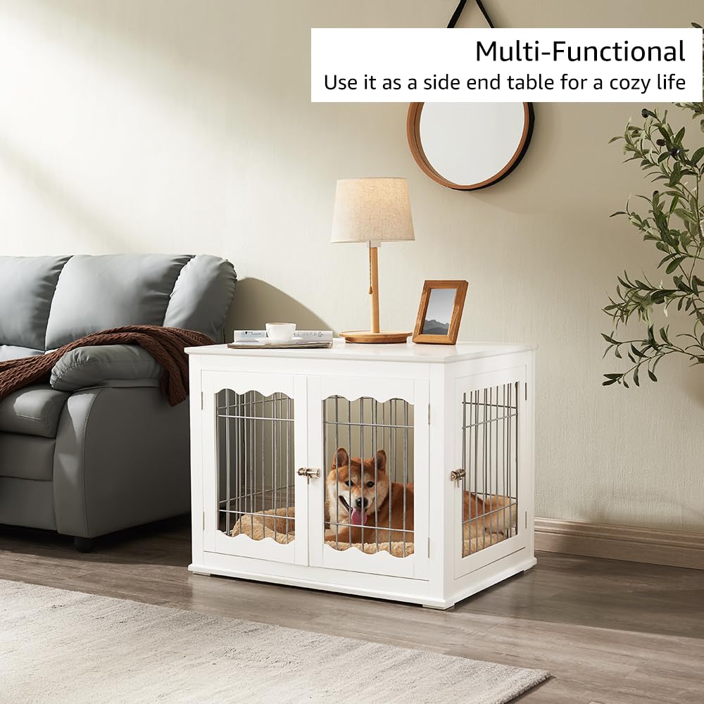 Unipaws White Wooden Dog Crate for Medium Dogs - Modern Furniture Style Indoor Pet Kennel with Wire Design, Decorative Puppy House & Multi-Functional End Table/Nightstand - Perfect for Living Room, Bedroom or Office Spaces