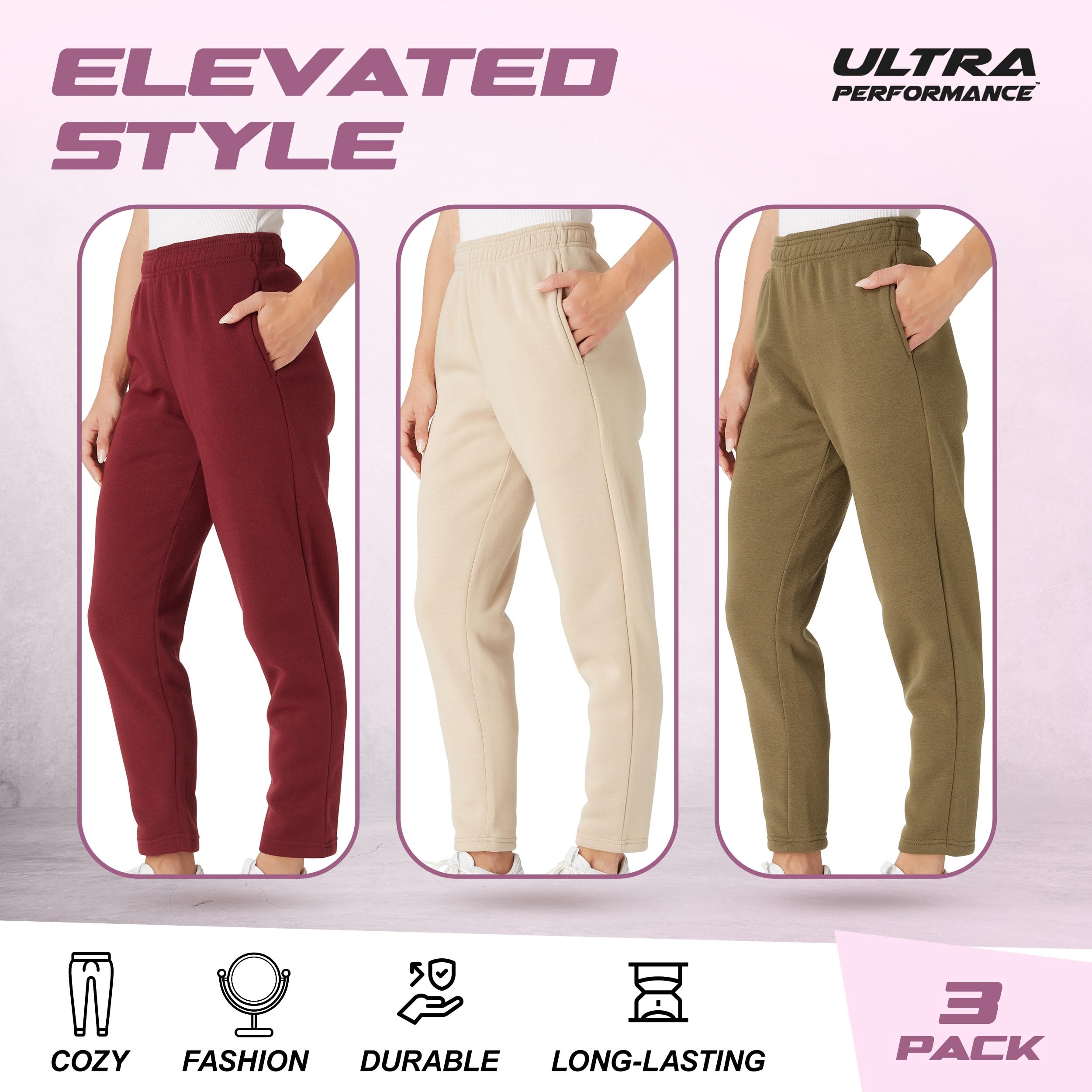 Ultra Performance Women's Sweatpants - 3 Pack Open Bottom Lounge Pants for Women (Plus Size) | Soft & Comfortable Joggers for Yoga, Running & Casual Wear