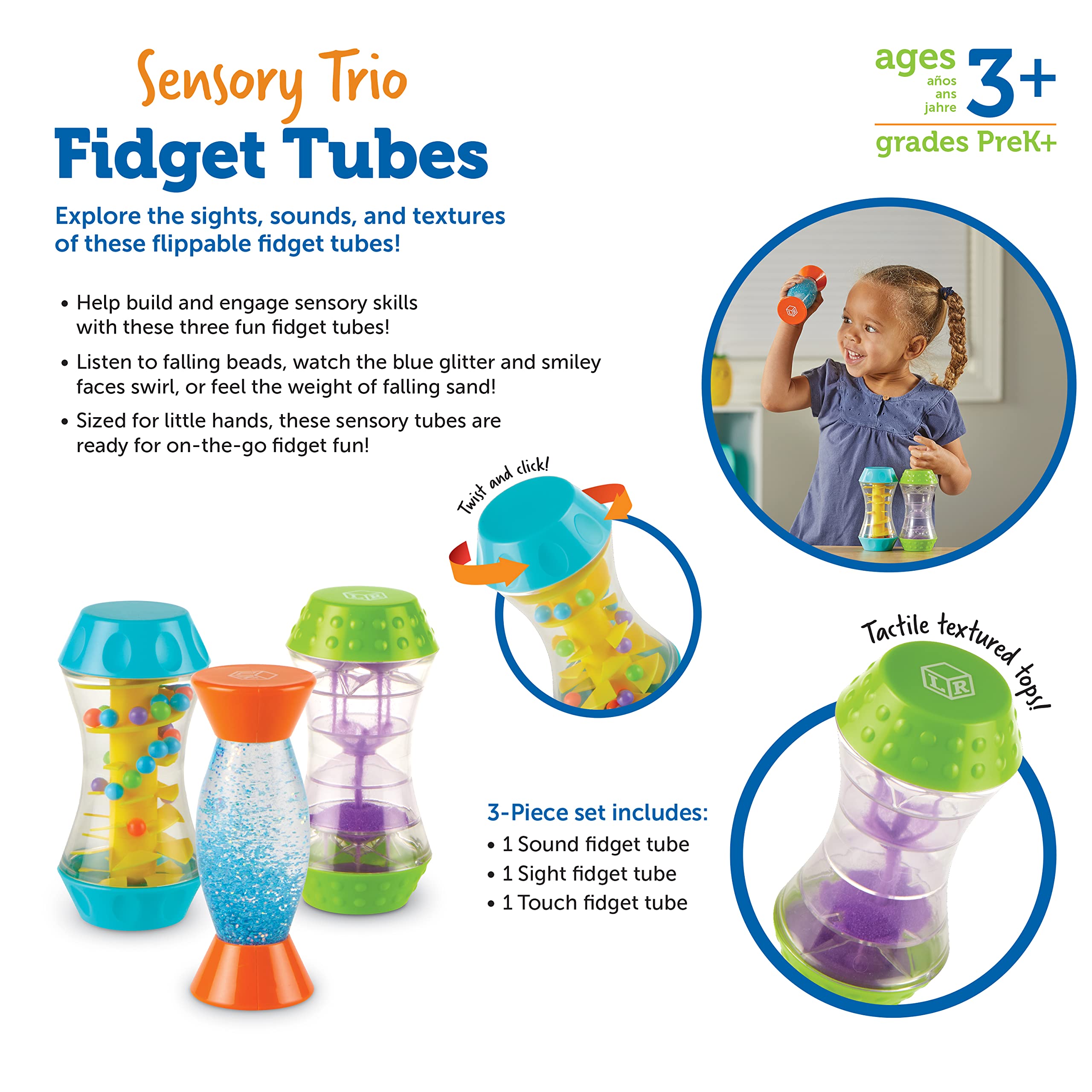 Learning Resources Sensory Trio Fidget Tubes - 3-Piece Fine Motor Skills Toys for Toddlers & Kids Ages 3+ | Stress Relief, Speech Therapy, Autism Sensory Tools | Perfect for Classroom, Travel & Easter Gifts
