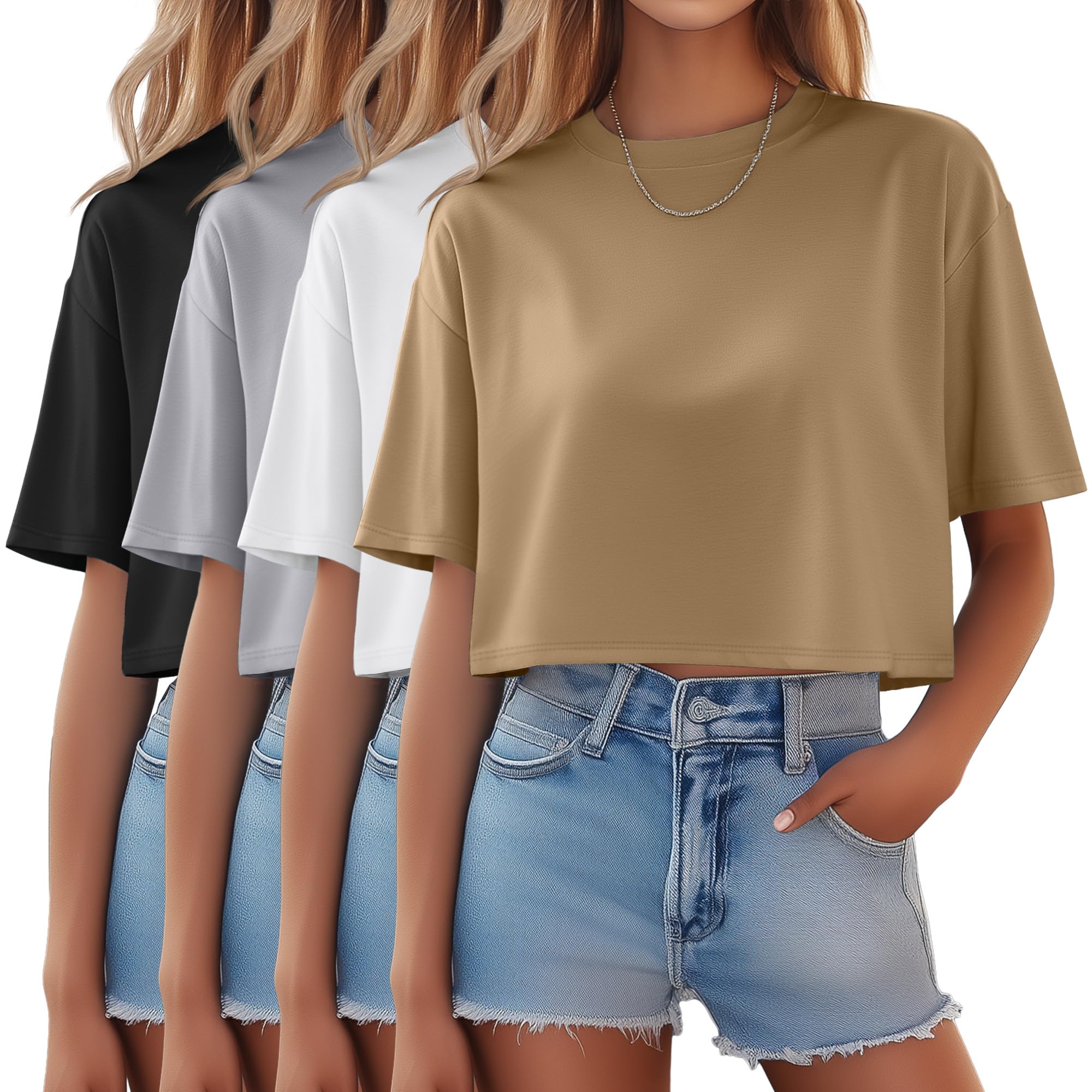 Riyiper 4 Pack Women's Half Sleeve Crop Tops - Casual Crew Neck Plain T-Shirts for Spring & Summer | Perfect for Yoga, Workout & Everyday Wear
