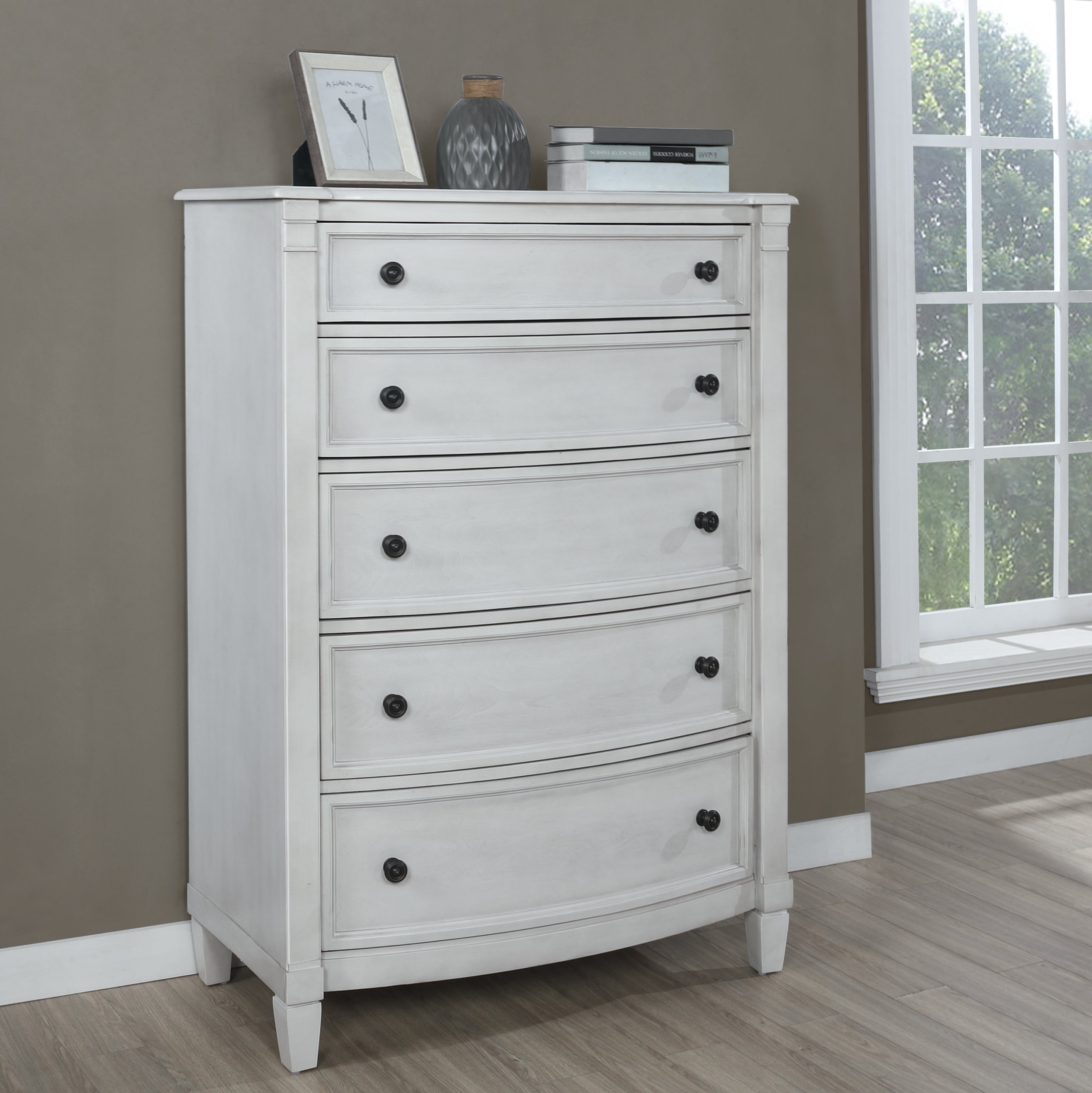 White Saline Wood Planked Style 5-Drawer Chest - Rustic Farmhouse Bedroom Dresser for Storage & Organization | Perfect for Master Bedroom, Guest Room, or Nursery