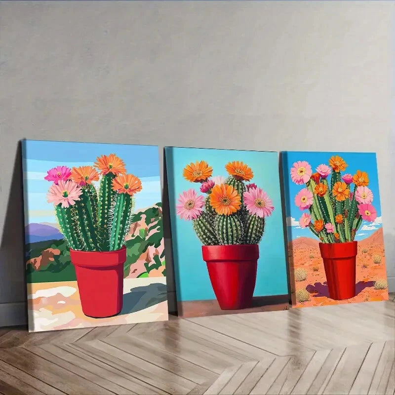 3-Piece Cactus Plant Art Poster Set - Blue Sky Wall Decor Canvas Framed 40x60cm (16x24 Inch) - High Quality Print 100% Australian Made - Ready to Hang - Perfect for Living Room, Bedroom & Office Decor