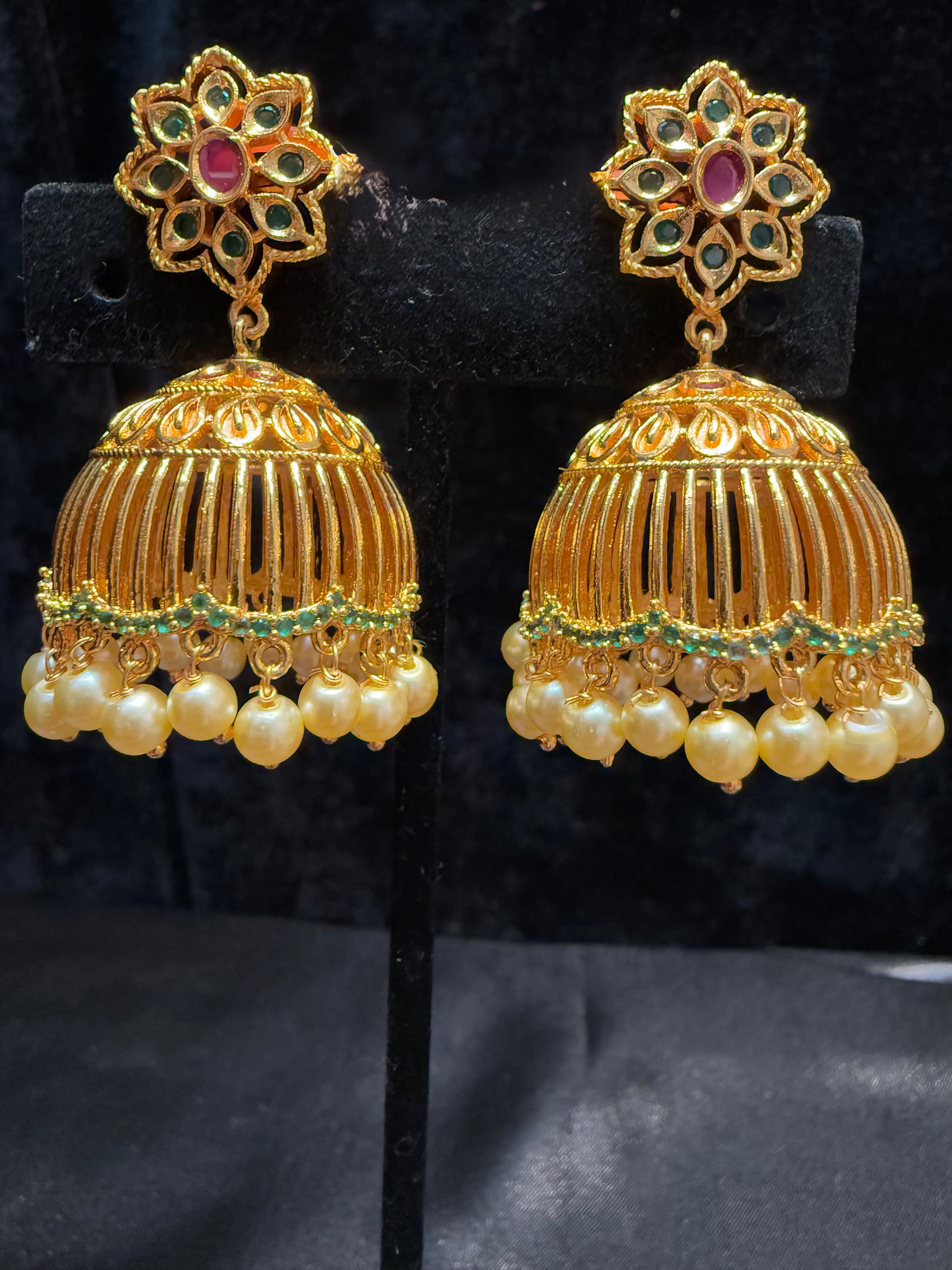 Exquisite Gold Plated Jhumka Earrings with Pink & Green Gemstones and Pearl Drops | Traditional Indian Jewelry for Weddings, Parties & Festive Occasions